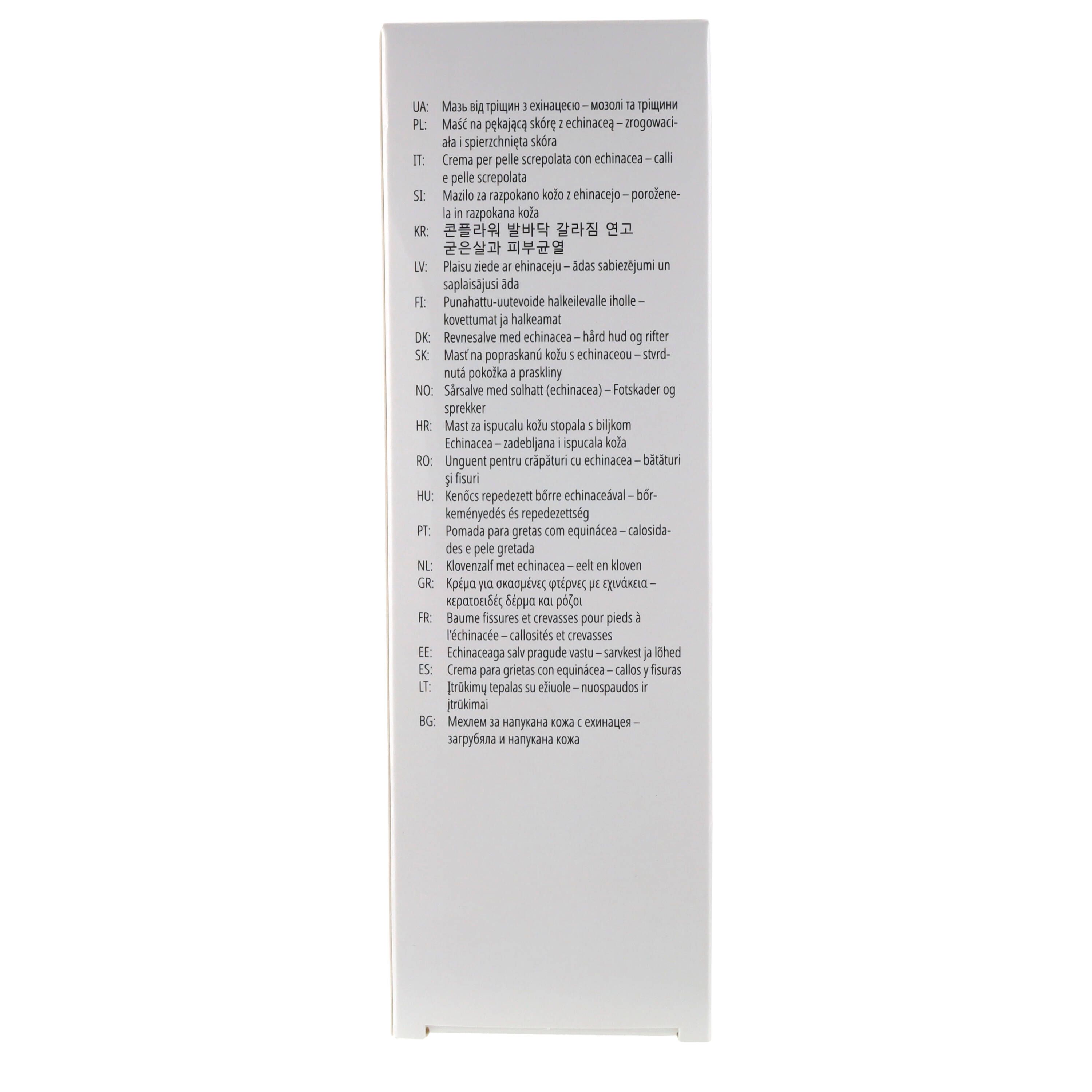 Verpackung mit Text in verschiedenen Sprachen. Text: Schrundensalbe mit Echinea. Weiße Verpackung.