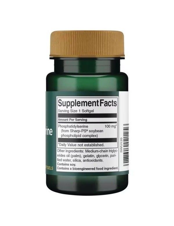 Rückseite der grünen Flasche. Aufschrift: Supplement Facts. Enthält Phosphatidylserin 100 mg. Zutatenliste.