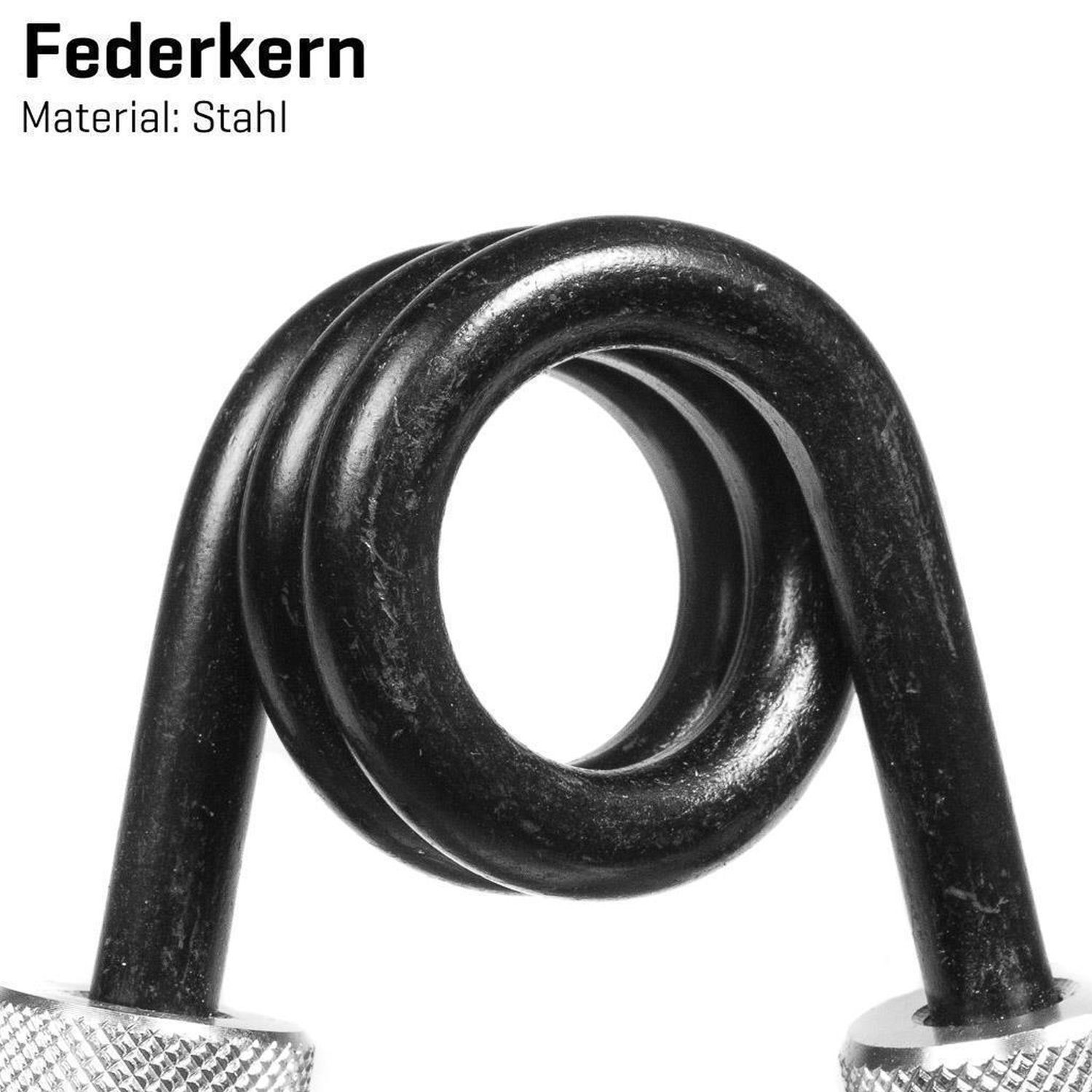 Nahaufnahme des Federkerns der Fingerhantel. Material: Stahl. Schwarze, gewundene Feder.