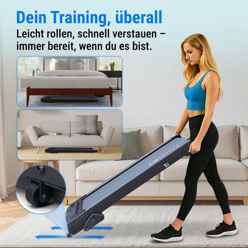 AsVIVA T25 Walking Pad mit Fernbedienung und Anzeige für geräuschlose Anpassung.