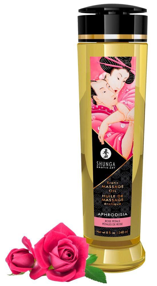 Shunga Massageöl Aphrodisia Rosen, goldene Flasche, mit zwei Rosen davor.