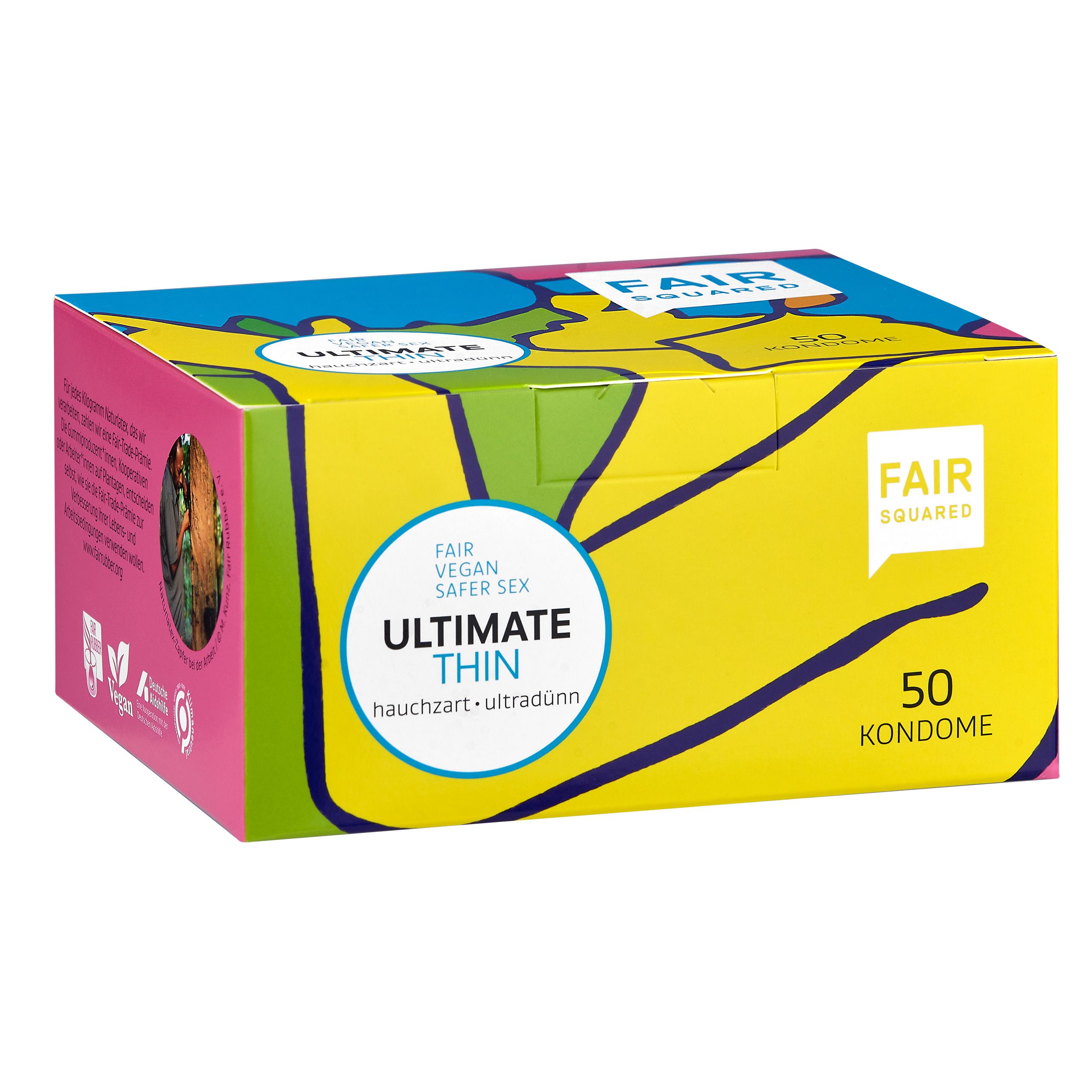 Verpackung von Fair Squared Ultimate Thin Kondomen. Aufschrift: Fair Vegan Safer Sex, 50 Kondome. Farben: Pink, Blau, Gelb.