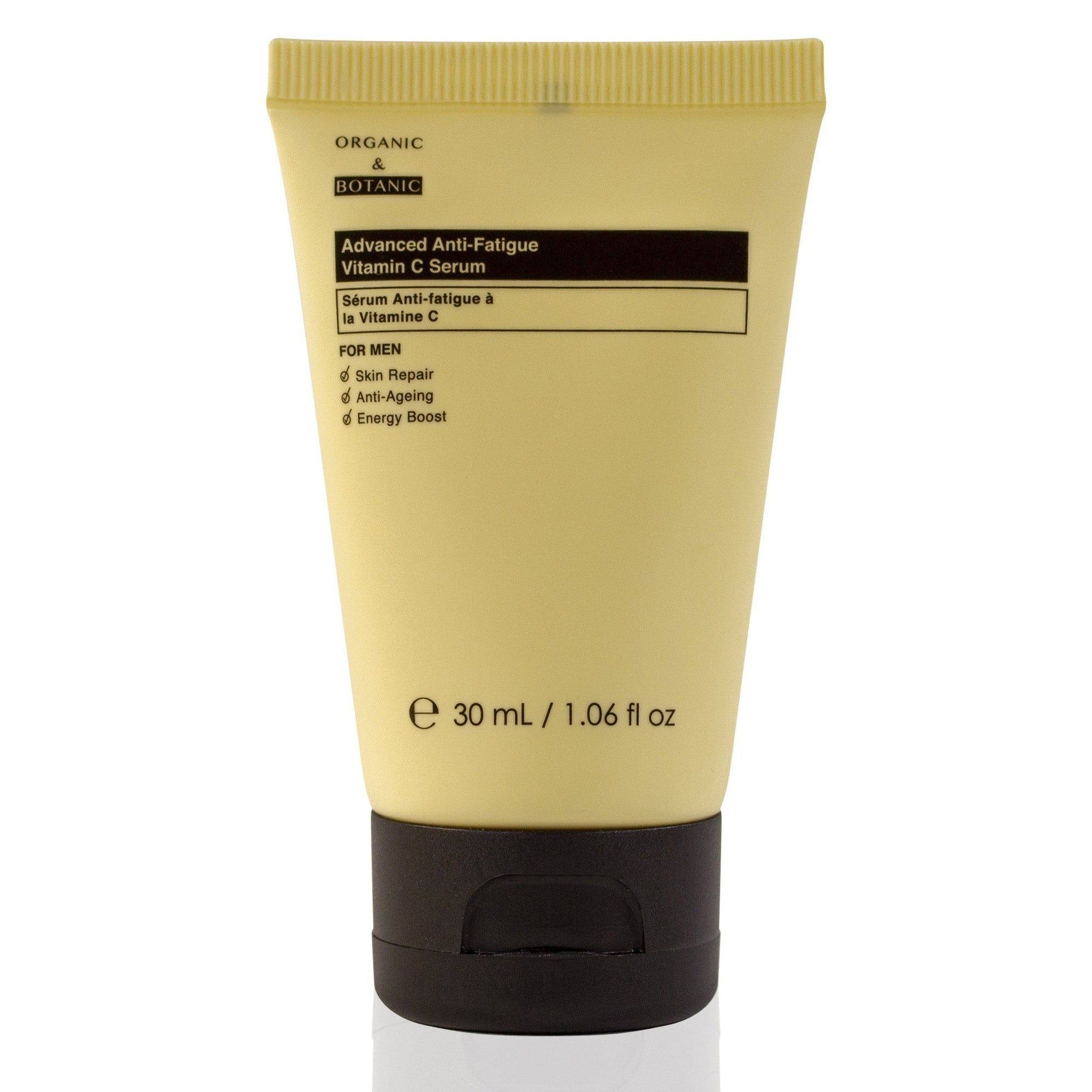 Gelbe Tube mit schwarzem Deckel. Beschriftung: Advanced Anti-Fatigue Vitamin C Serum. Volumen: 30 ml.