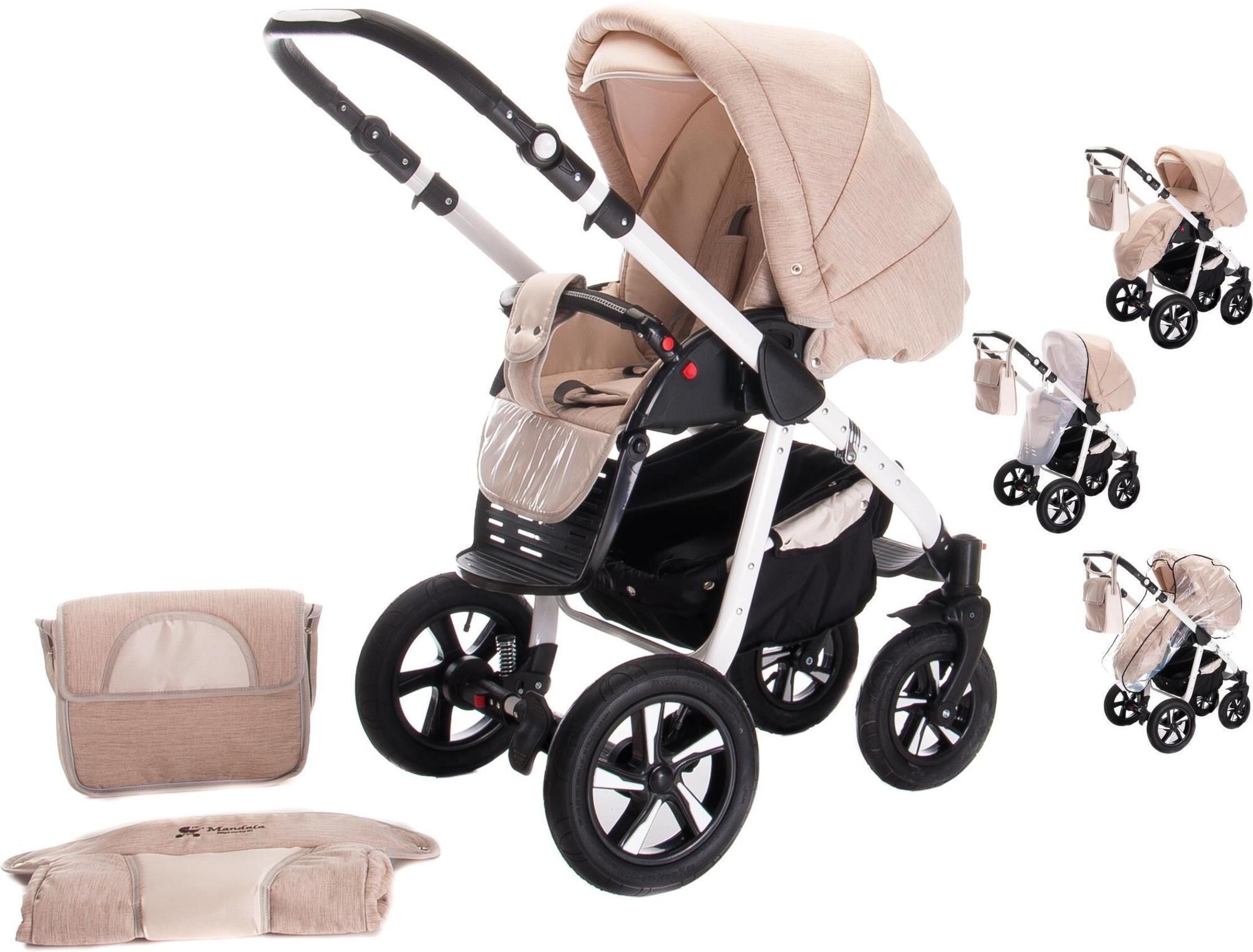 Kinderwagen-Komplettset in Cappuccino. Enthält Babywanne, Sportwagenaufsatz, Wickeltasche, ISOFIX-Basis und Zubehör. Hartgummireifen.