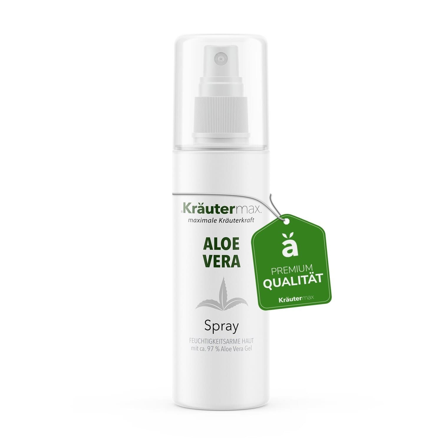 Aloe Vera Spray, transparente Flasche mit Sprühkopf. Text: Aloe Vera. Anhänger: Premium Qualität.