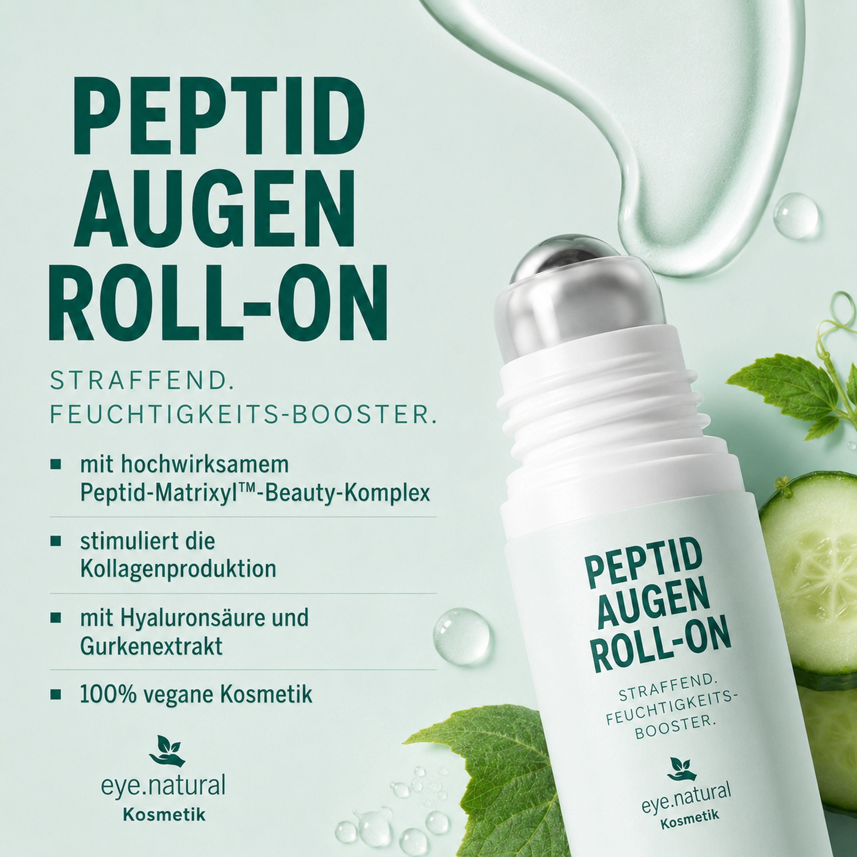 Peptid Augen Roll-On mit kühlendem Metallapplikator. Straffend, feuchtigkeitsspendend. Enthält Peptid-Matrixyl, Hyaluronsäure, Gurkenextrakt. 100% vegane Kosmetik.