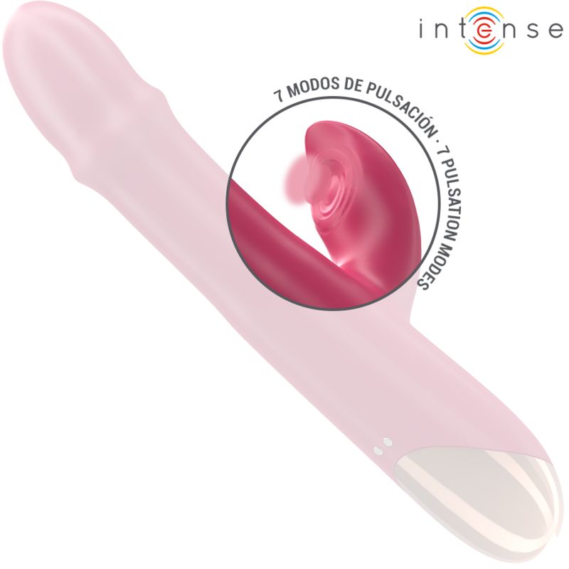 Rosa Vibrator mit hervorgehobener Textur. 7 Pulsationsmodi. Marke: Intense. Auf dem Produkt sind Knöpfe zu sehen.