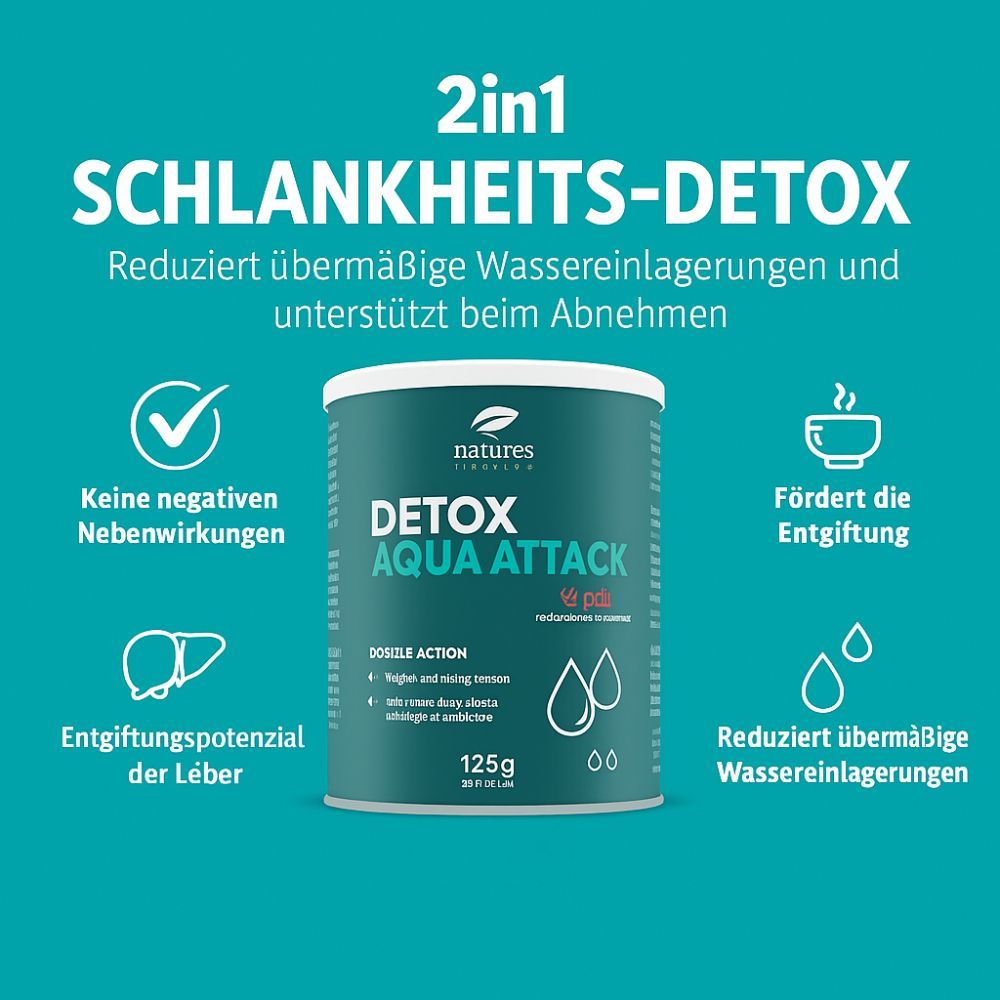 Dose Detox Aqua Attack. Text: Nature's Finest, 2in1 Schlankheits-Detox, 125g. Grafiken: Tropfen, Leber, Tasse.