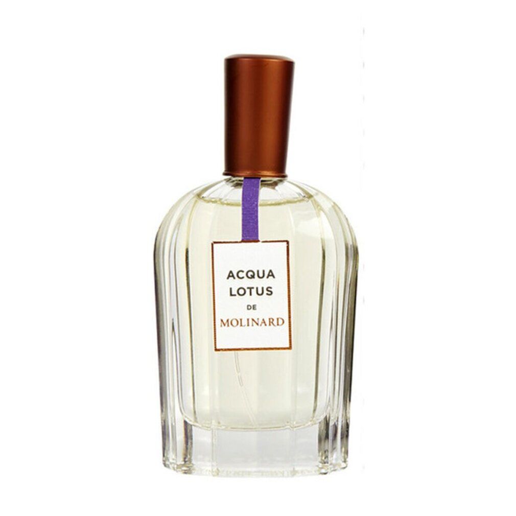 Parfümflasche mit braunem Verschluss und weißem Etikett. Klarer Flakon mit geriffelter Oberfläche.