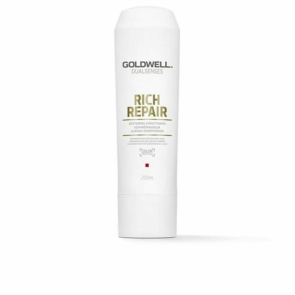 Weiße Flasche Goldwell Dualsenses Rich Repair Conditioner. Text: Rich Repair, Restoring Conditioner, 200ml. Color Protection Logo.