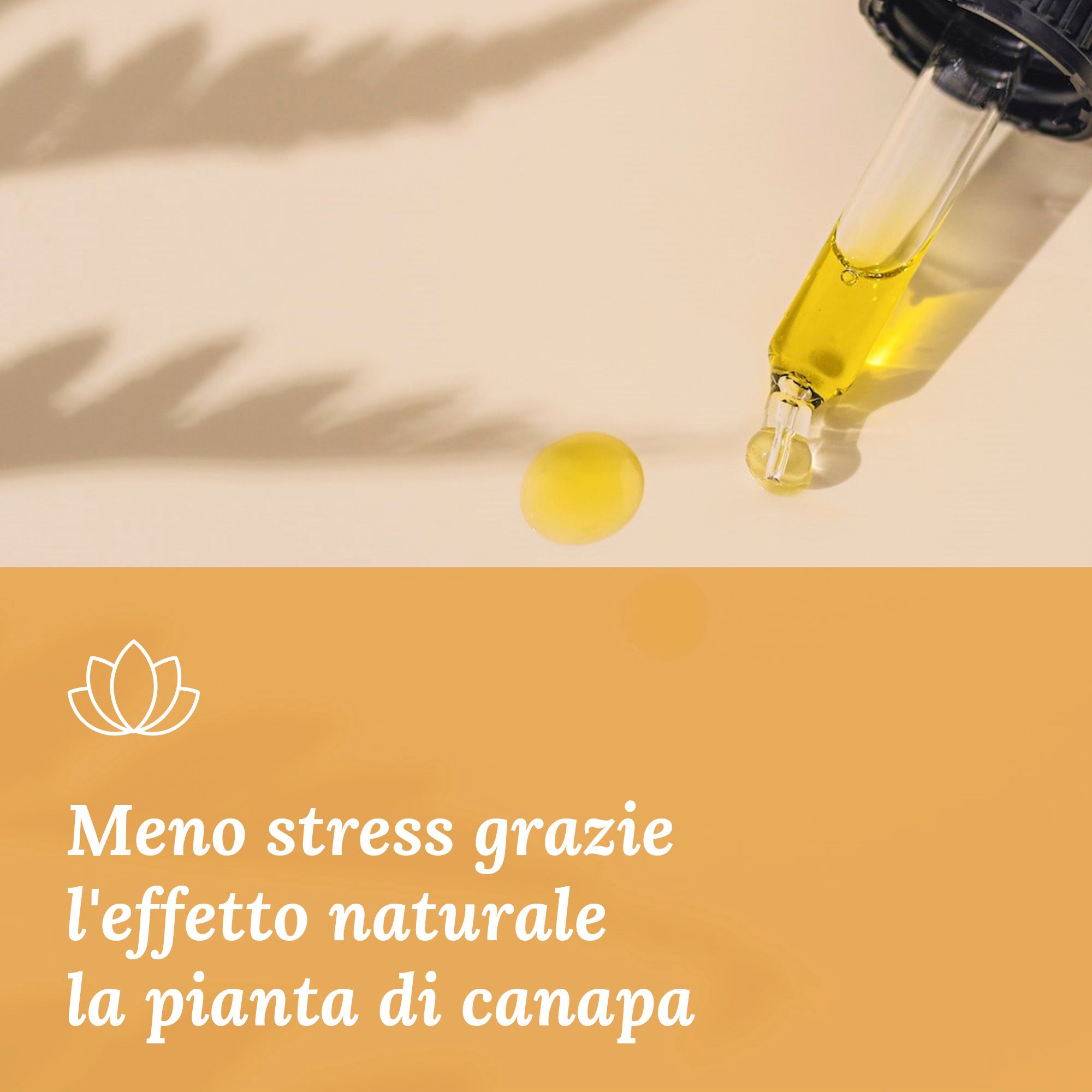 Goccia di olio giallo su sfondo beige. Pipetta. Testo: Meno stress grazie all'effetto naturale.