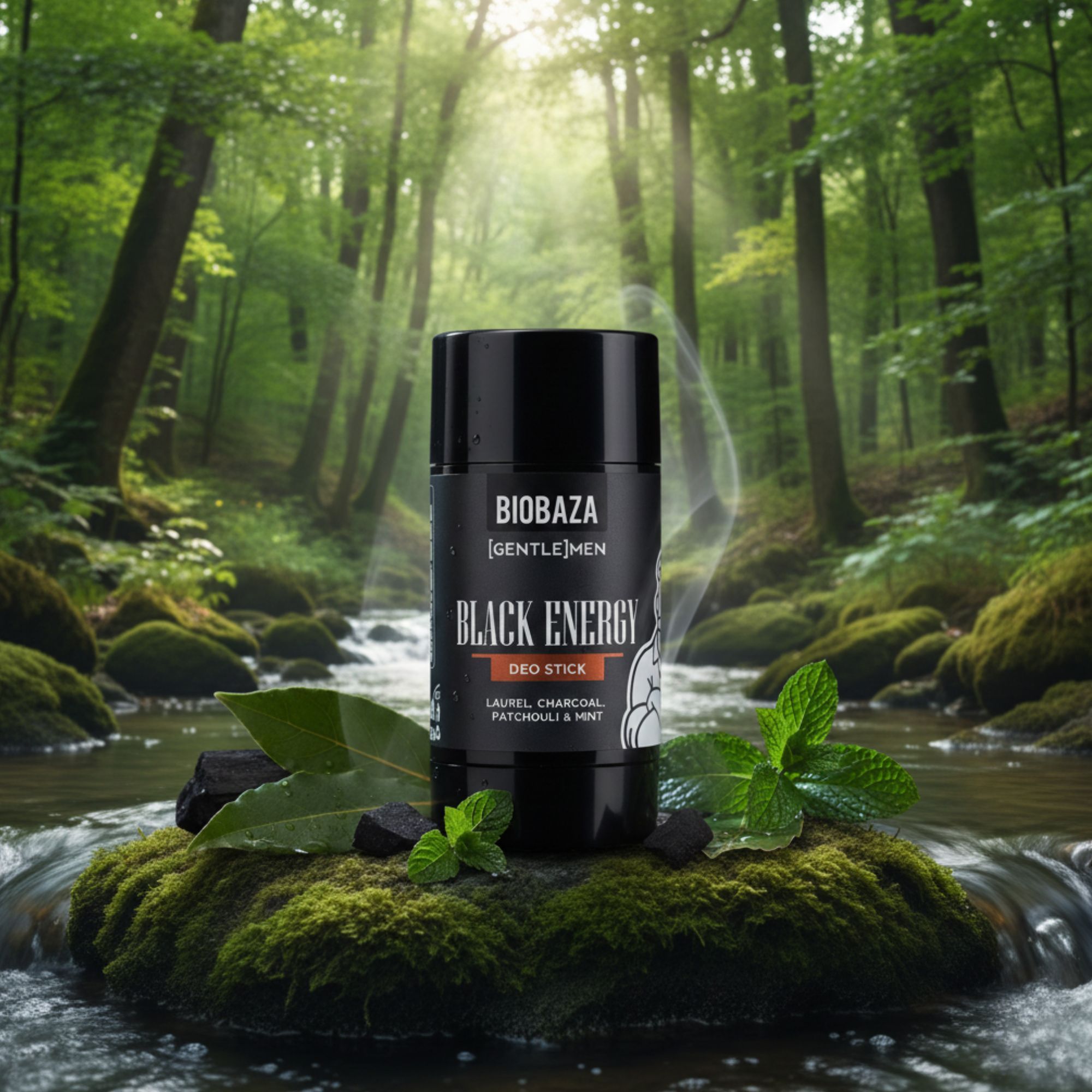 Schwarzer Deo-Stick auf Moos, umgeben von Blättern und Minze. Aufschrift: Black Energy, Biobaza.