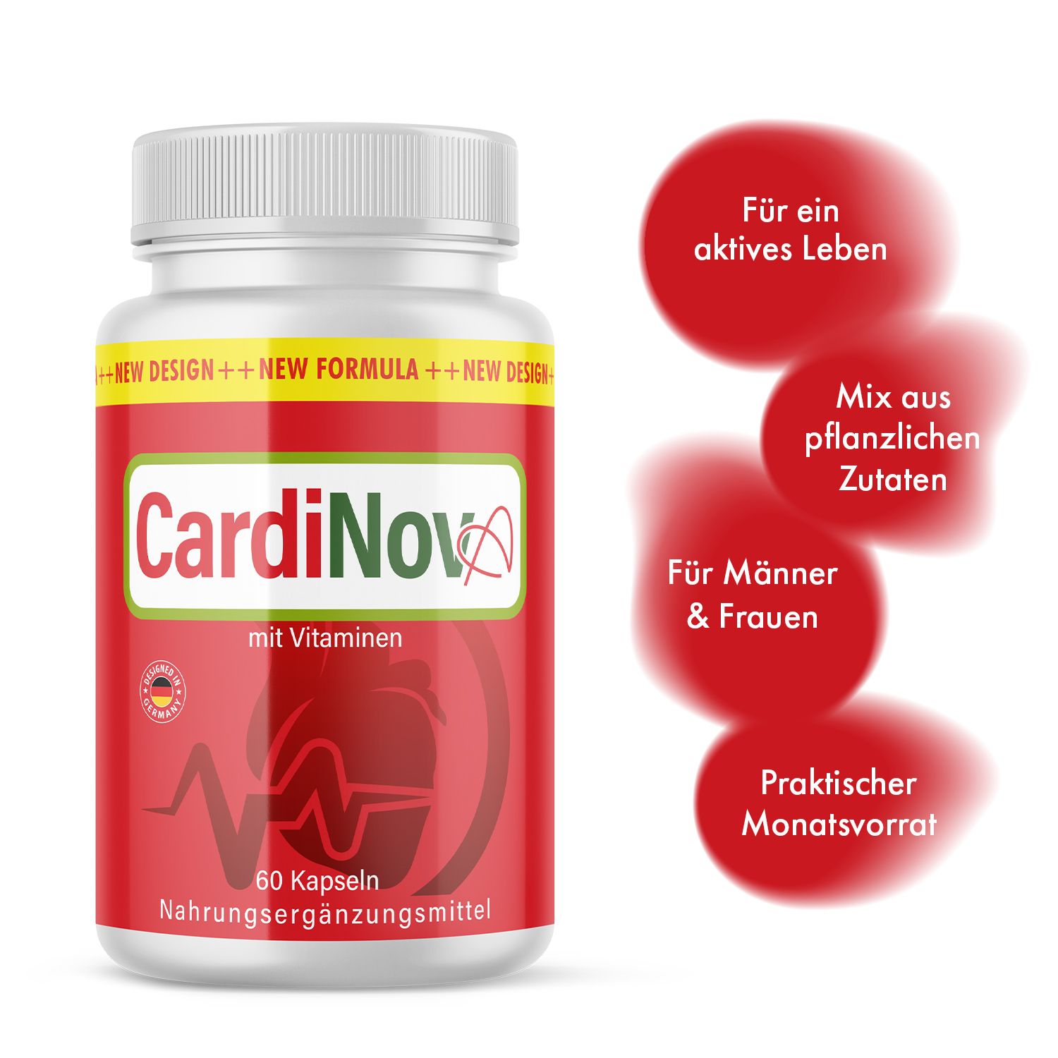 Rote Kapsel-Dose mit weißem Deckel. Aufschrift CardiNova, 60 Kapseln, Nahrungsergänzungsmittel. Mit Vitaminen. Zusätzliche Textblasen.