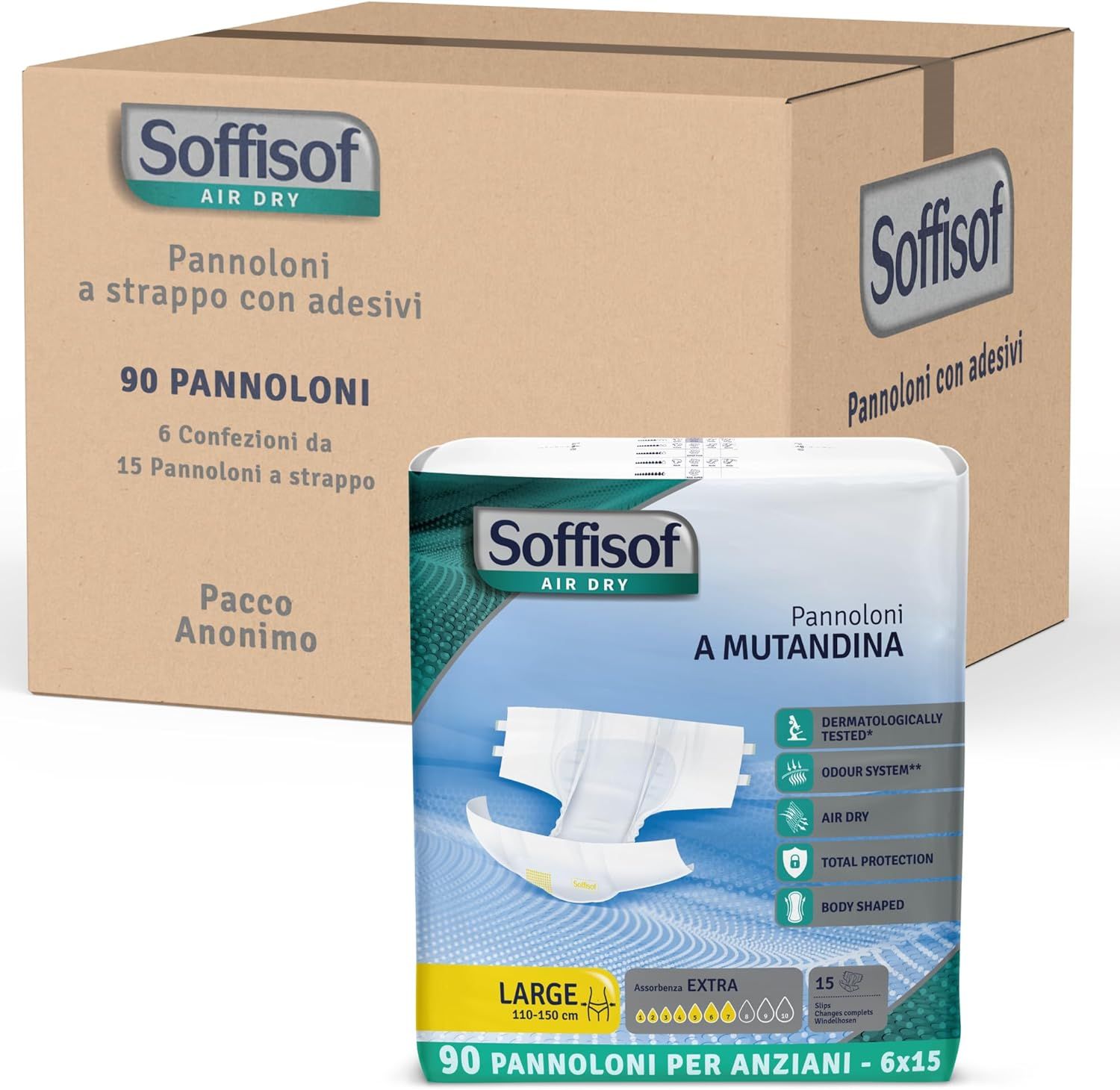 Soffisof Air Dry Windeln für Erwachsene, Packung und Karton. 90 Stück. Mit Klebestreifen.