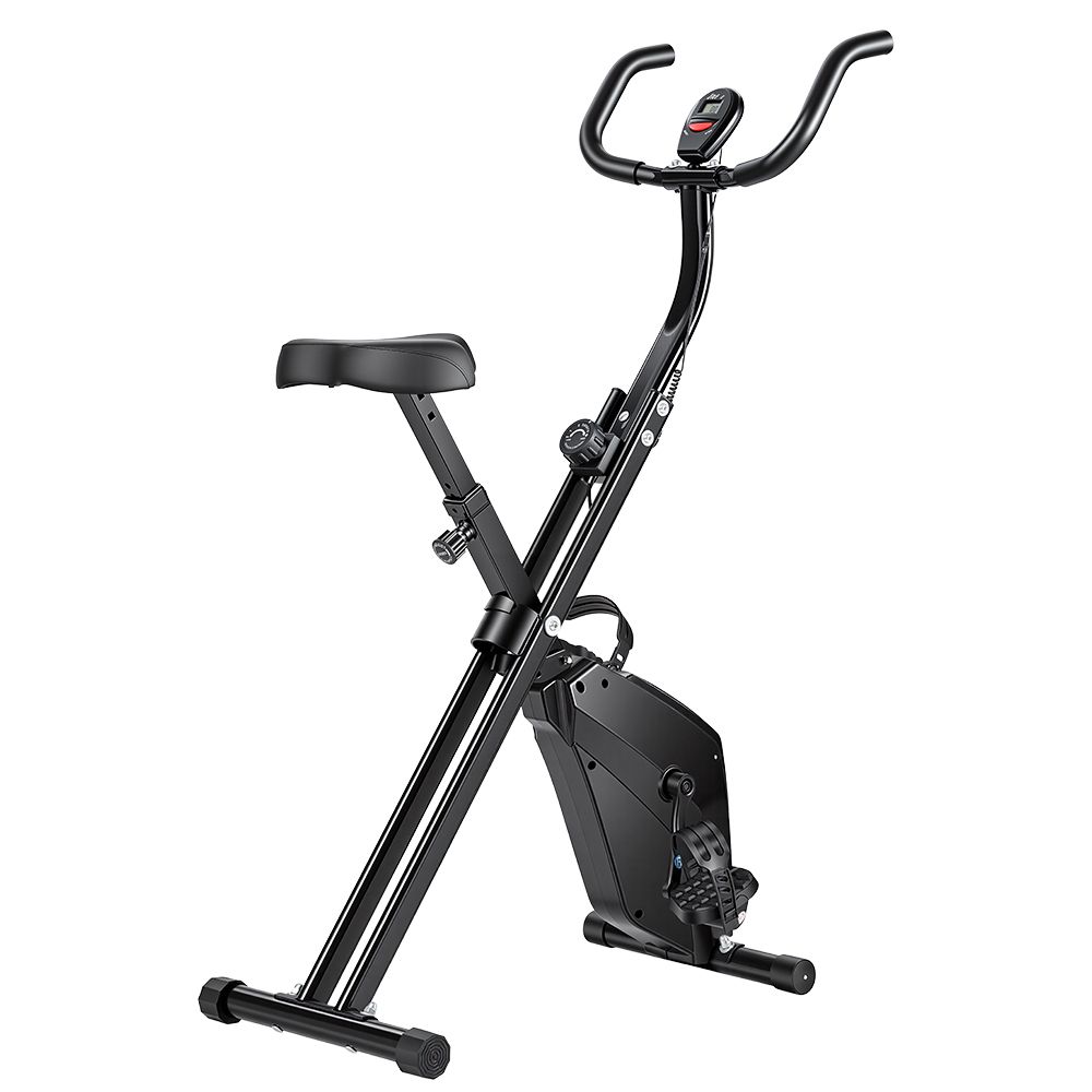 Schwarzes, klappbares Heimtrainer-Fahrrad. Mit Sattel, Lenker, Pedalen und Display. Metallrahmen.