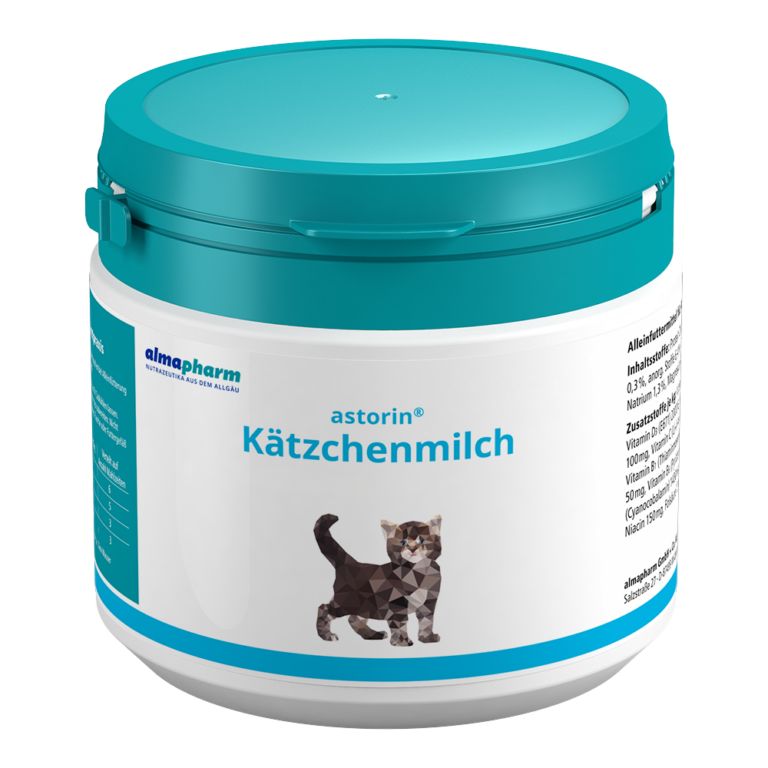 Runde Dose mit blauem Deckel. Aufschrift: astorin Kätzchenmilch. Abbildung einer Katze. Marke: Almapharm.
