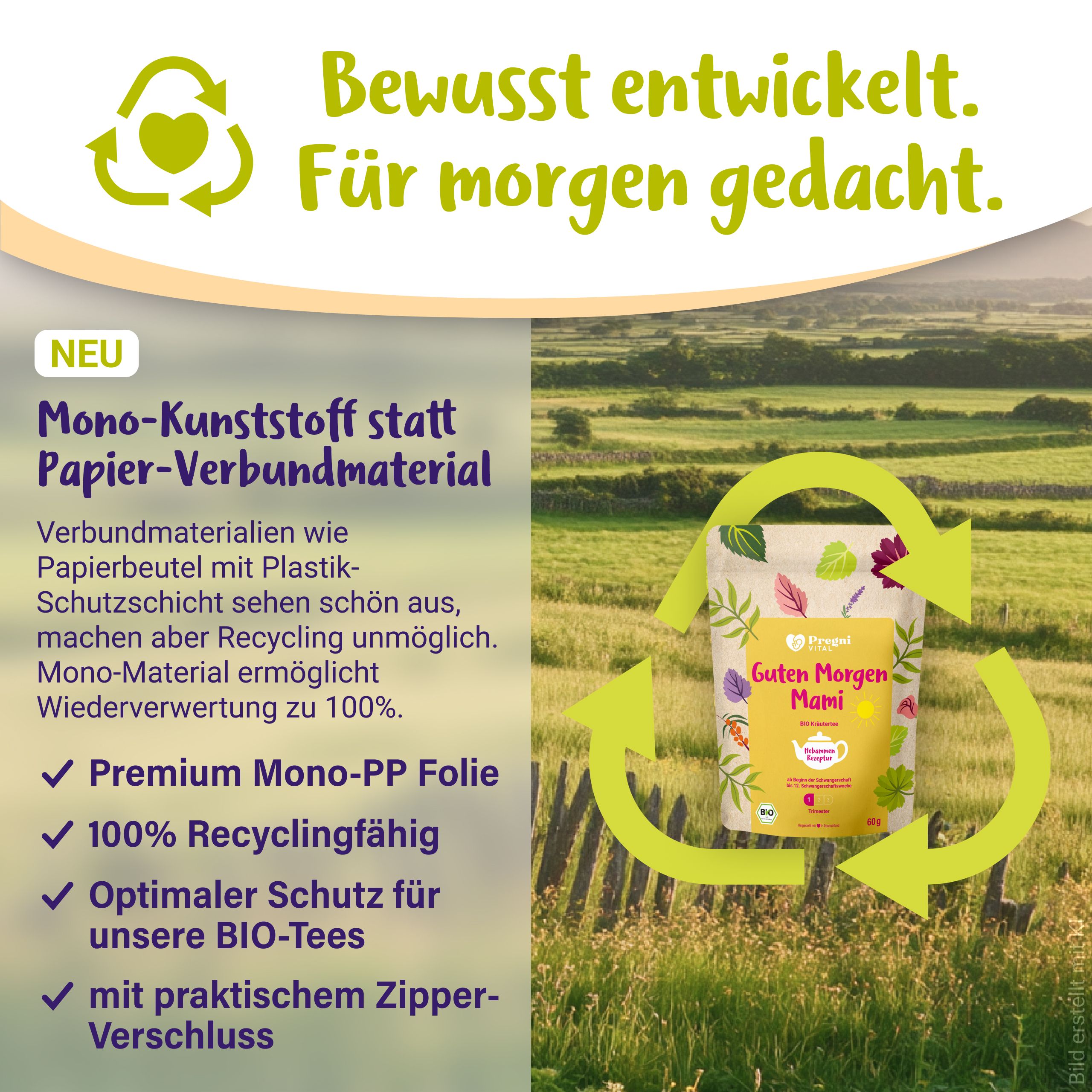 Nachhaltige Verpackung des Guten Morgen Mami BIO Tees: Mono-PP Folie, 100% recycelbar.