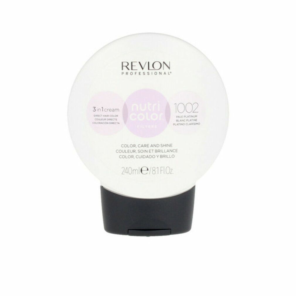 Revlon Nutri Color Filters Tonificante 1002. Runde Flasche mit schwarzem Deckel. Text: Revlon, Nutri Color, 3 in 1 cream, 240ml.