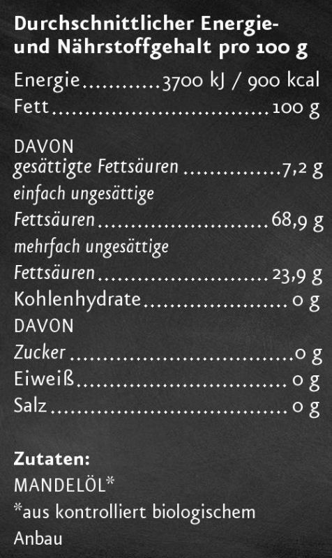 Nährwerttabelle auf schwarzem Hintergrund. Angaben zu Energie, Fett, gesättigten Fettsäuren, Kohlenhydraten, Zucker, Eiweiß und Salz.