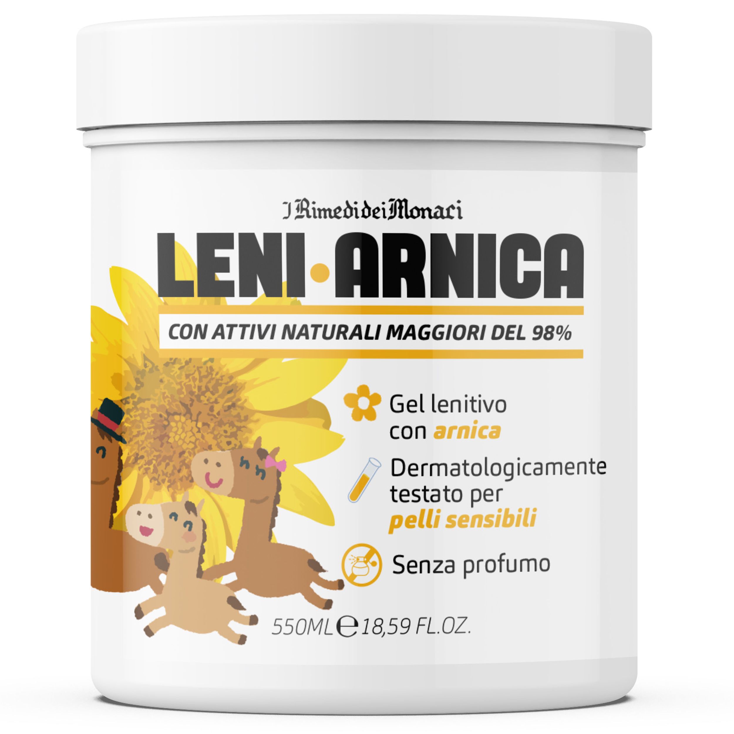 Weißer Tiegel mit Aufschrift. Gel Arnica Lenitivo, dermatologisch getestet, ohne Parfüm. Mit Sonnenblumen und Logo.