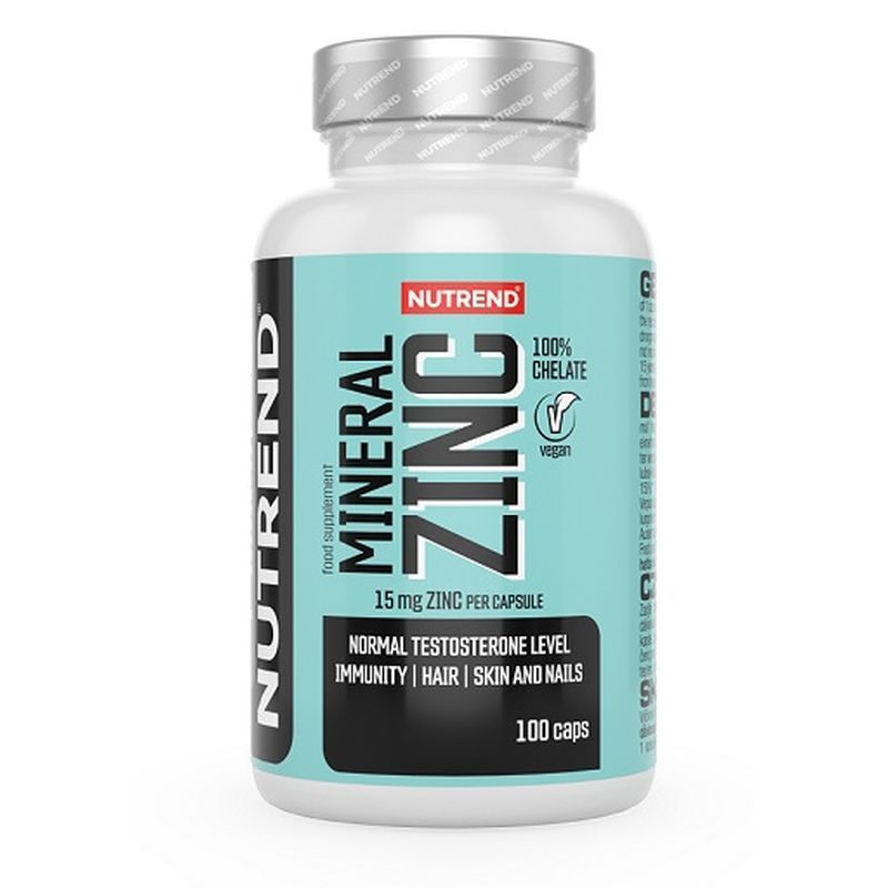 Weiße Flasche mit Kapseln. Aufschrift: Nutrend Mineral Zink, 15 mg Zink pro Kapsel, 100 Kapseln. Vegan-Siegel.