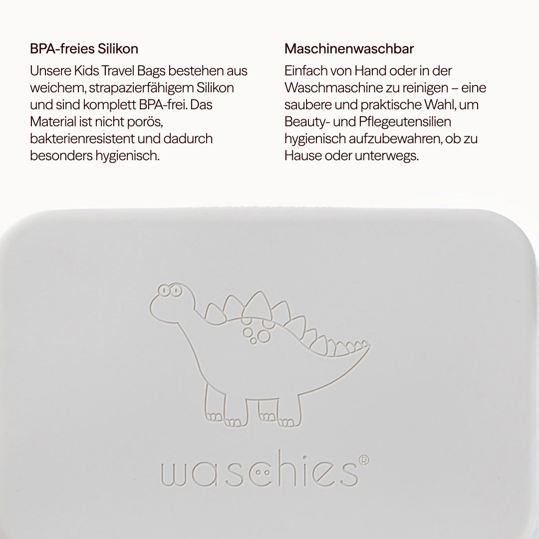 Nahaufnahme der grauen Tasche mit Dinosaurier-Motiv. Der Schriftzug "waschies" ist deutlich sichtbar.