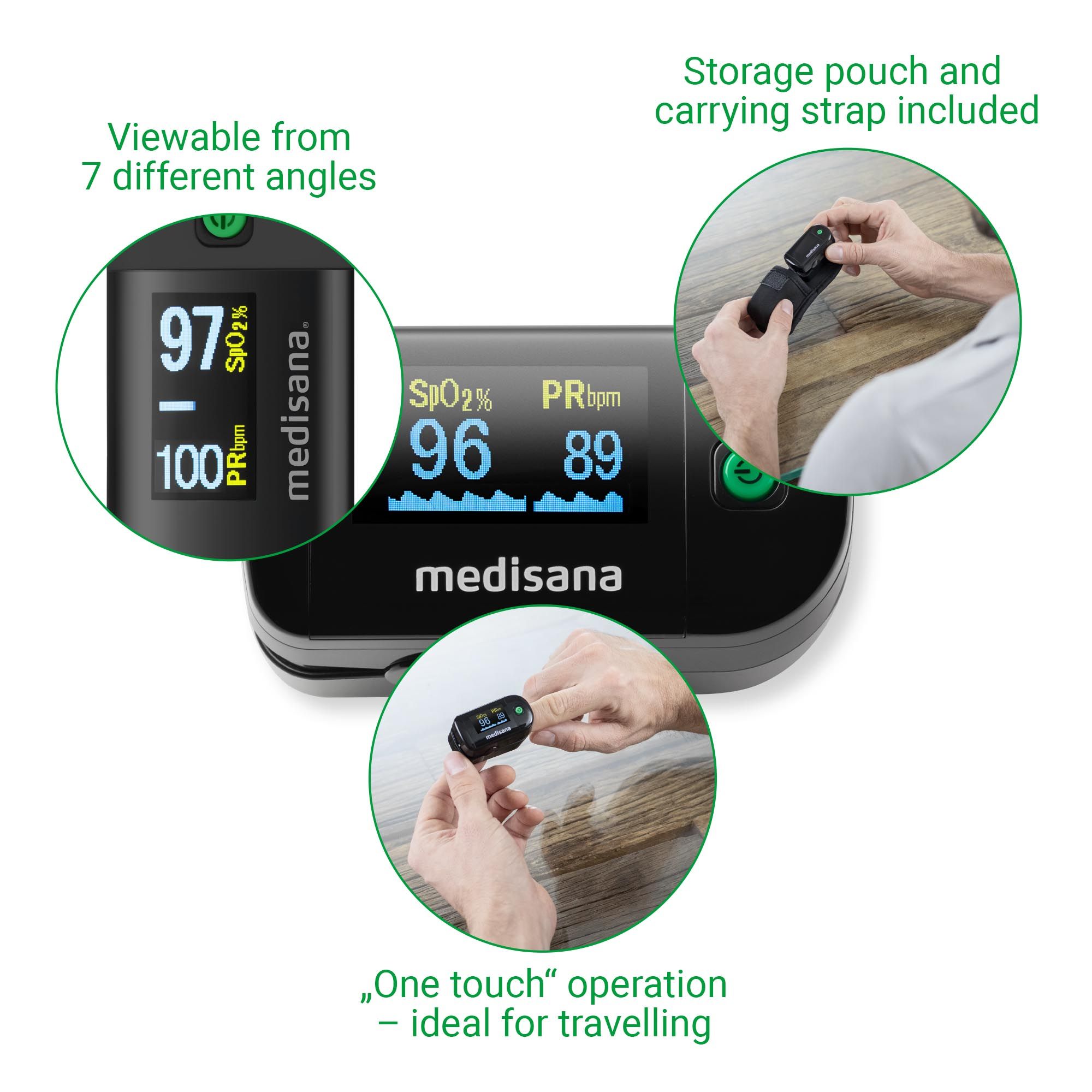 Pulsoximeter met accessoires. Toont SpO2% en PRbpm. Merk: medisana. Incl. opbergtasje en draagriem.