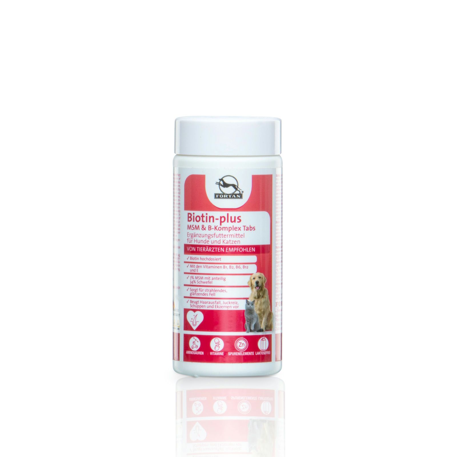 Weiße Flasche mit rotem Etikett. Text: Biotin-plus, MSM & B-Komplex Tabs. Für Hunde und Katzen. Von Tierärzten empfohlen.