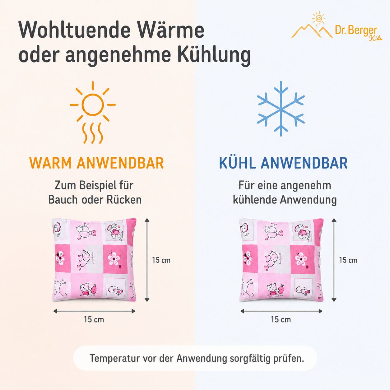 Kirschkernkissen (15x15 cm) warm oder kühl anwendbar, mit rosa Tiermotiv.