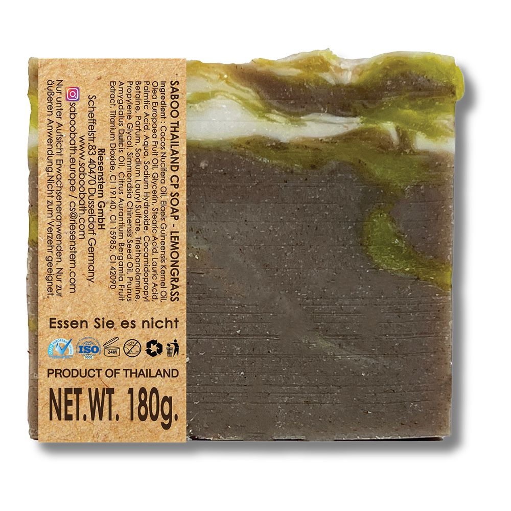 Rechteckige Seife mit Zitronengras. Etikett mit Inhaltsstoffen, Logo und Text. "Product of Thailand". Nettogewicht: 180g.