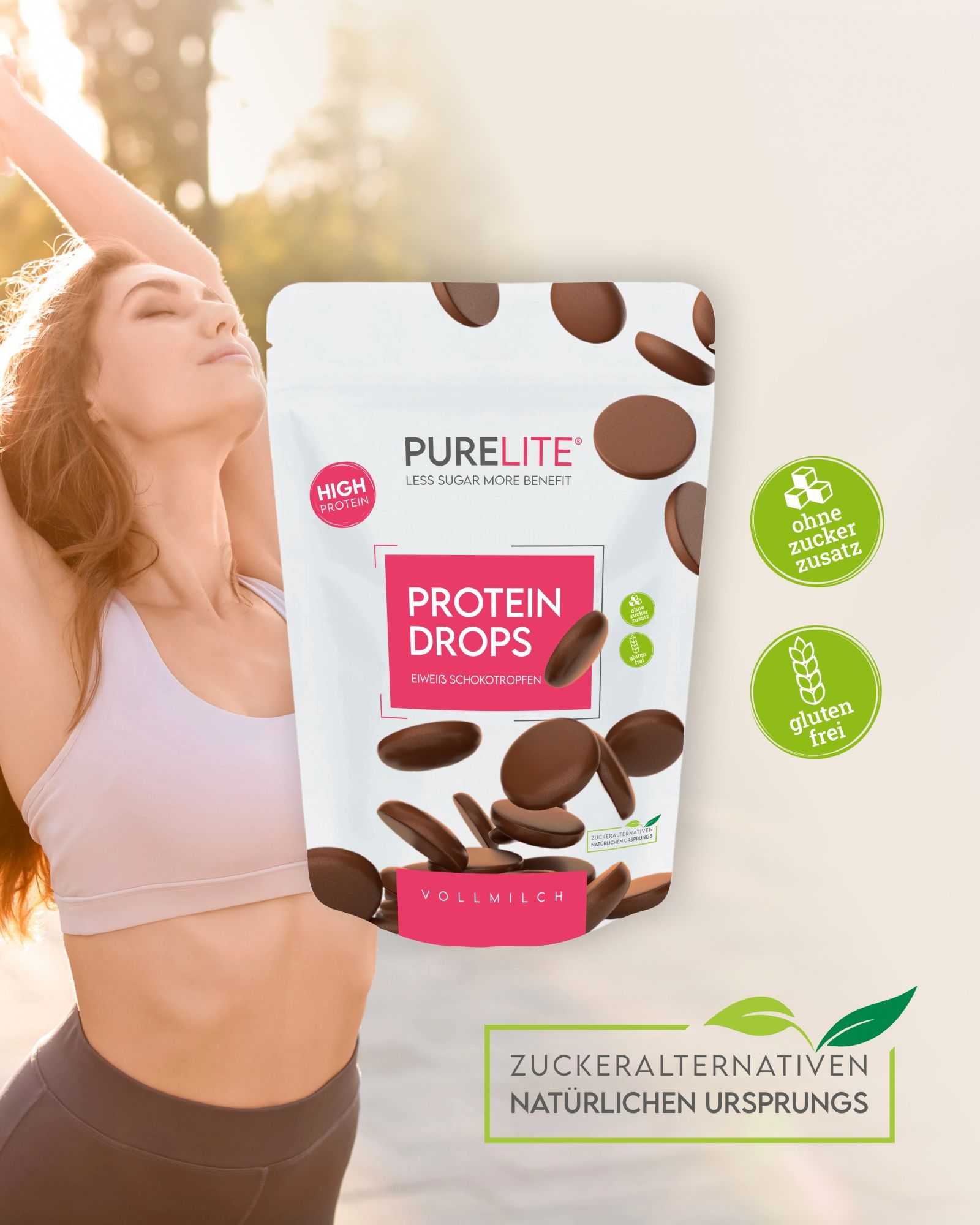 Frau mit geöffneten Armen neben einer Verpackung mit Schokodrops. Aufschrift: PURELITE, Protein Drops, Vollmilch. Glutenfrei und ohne Zuckerzusatz.