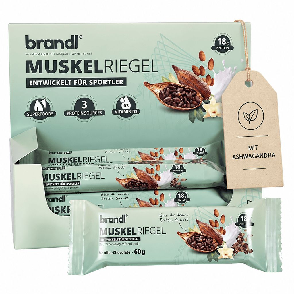 brandl® Muskelriegel, entwickelt für Sportler. 18g Protein, 3 Proteinquellen, Vitamin D3. Mit Ashwagandha. Vanille-Schoko-Geschmack.
