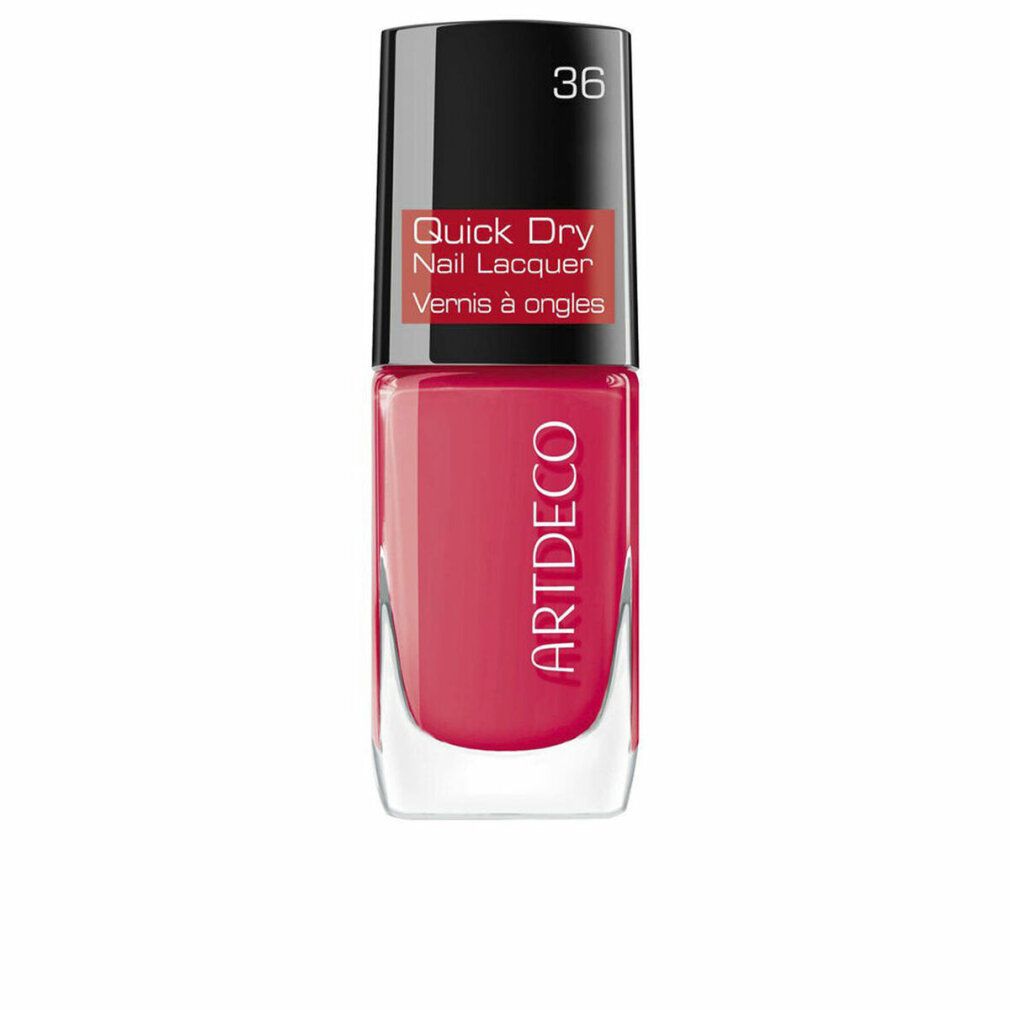 Nagellackflasche, rot, mit schwarzem Deckel. Aufschrift ARTDECO, Quick Dry Nail Lacquer. Nummer 36 auf dem Deckel. Transparente Glasflasche.