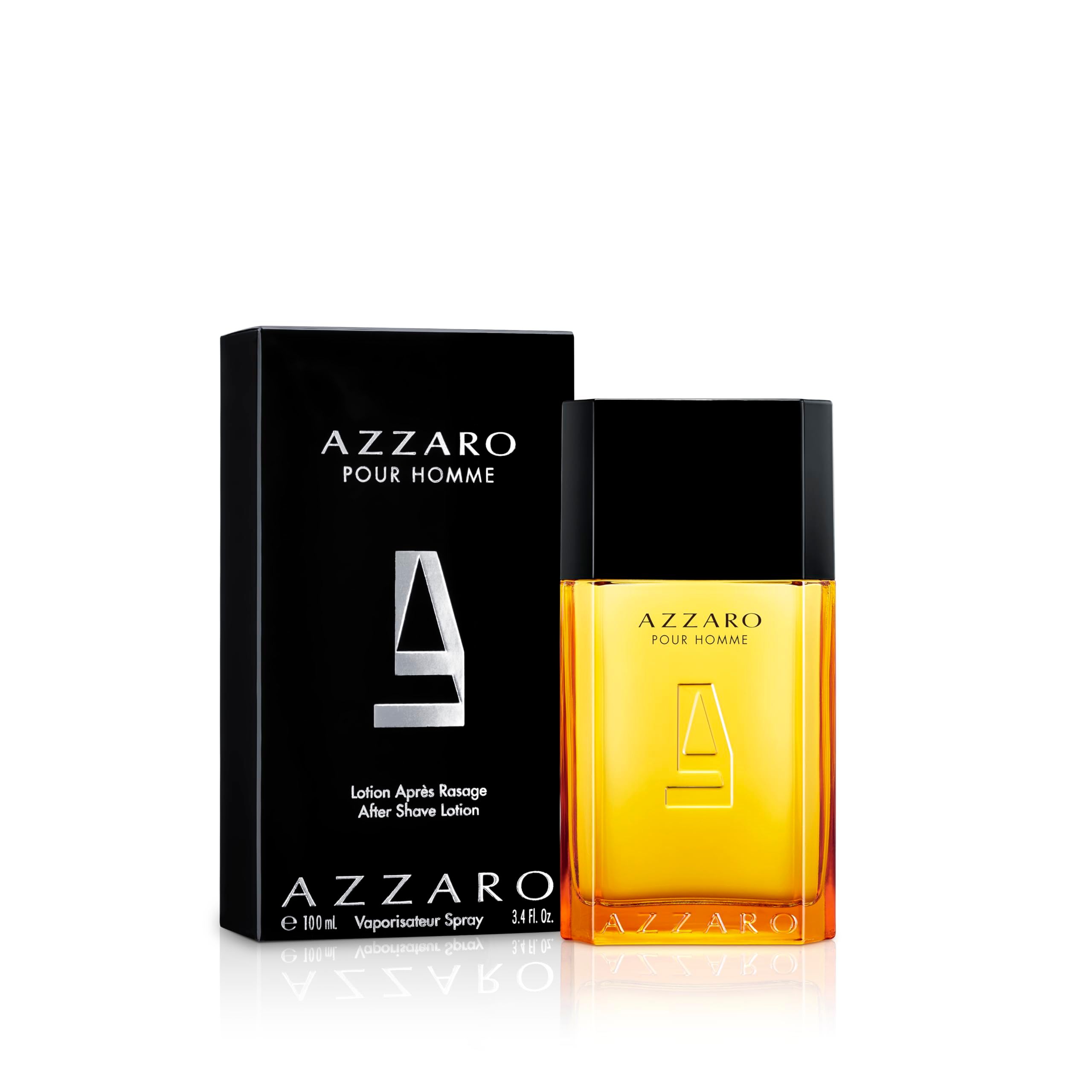 Azzaro Pour Homme Eau de Toilette Spray. Flakon und Verpackung. Schwarze Verpackung mit Logo und Produktnamen.