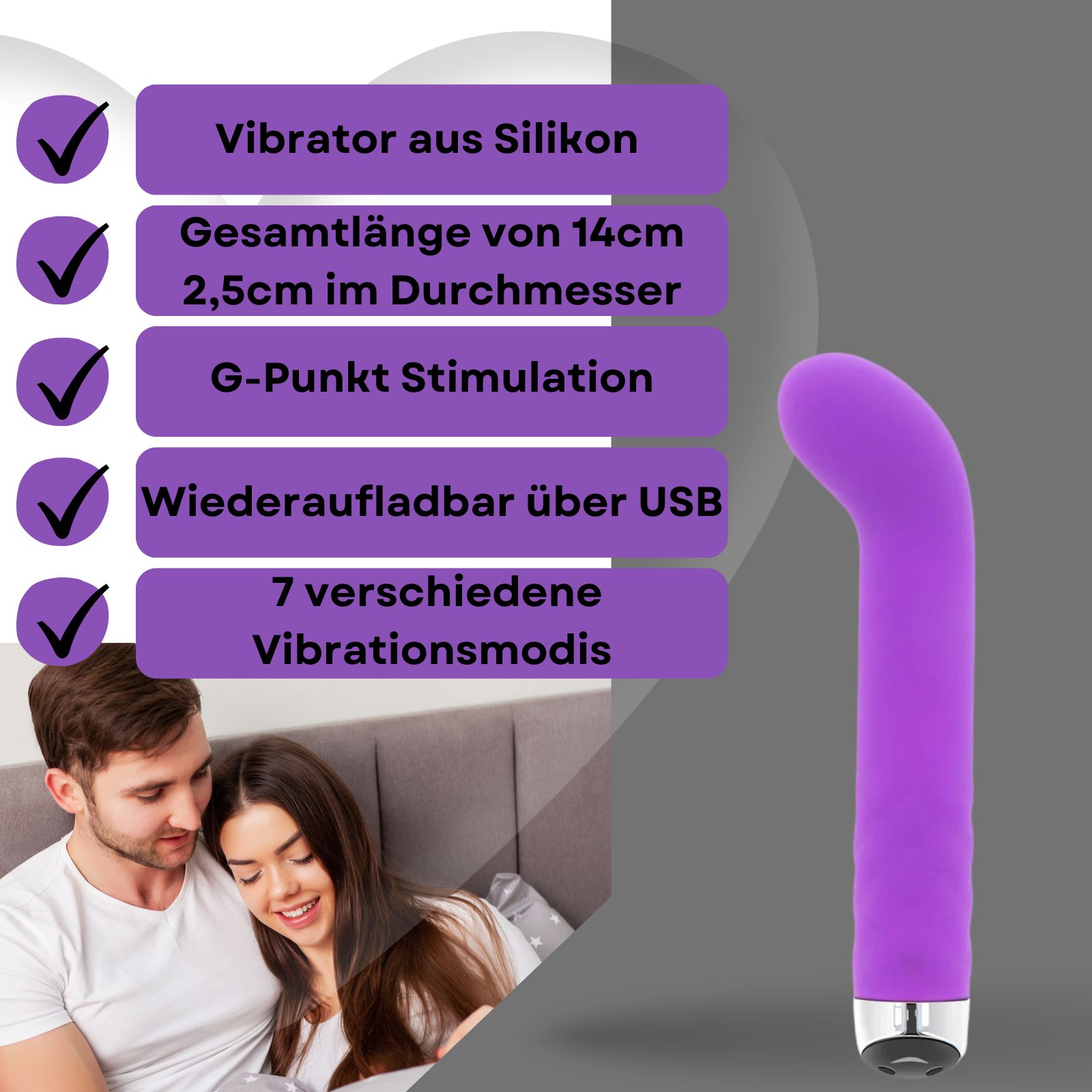Lila Vibrator. Gebogene Form. Silikon. Auf grauem Hintergrund. Text: Vibrator aus Silikon, 14cm lang, G-Punkt.