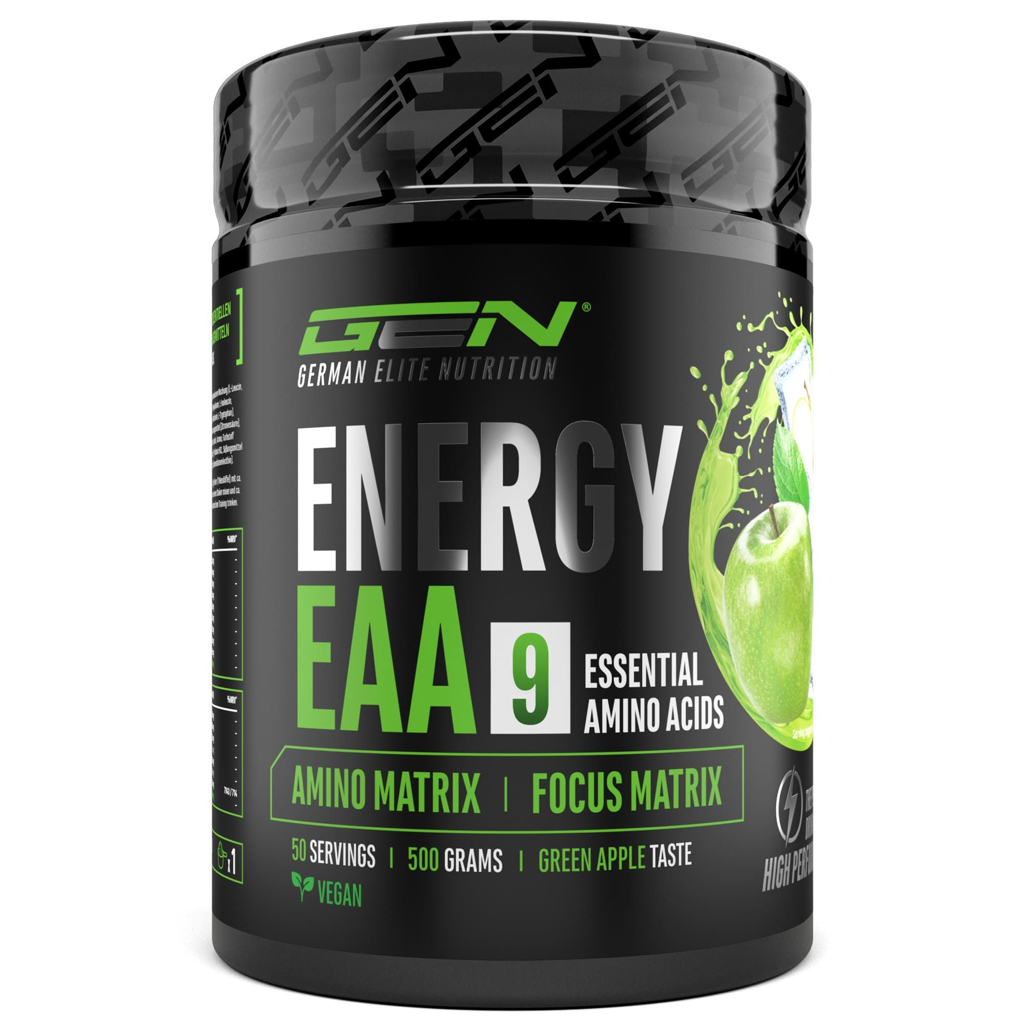 Schwarze Dose mit Aufschrift "GEN Energy EAA 9". Enthält Aminosäuren. Grün-weiße Grafik mit Apfel. Vegan.