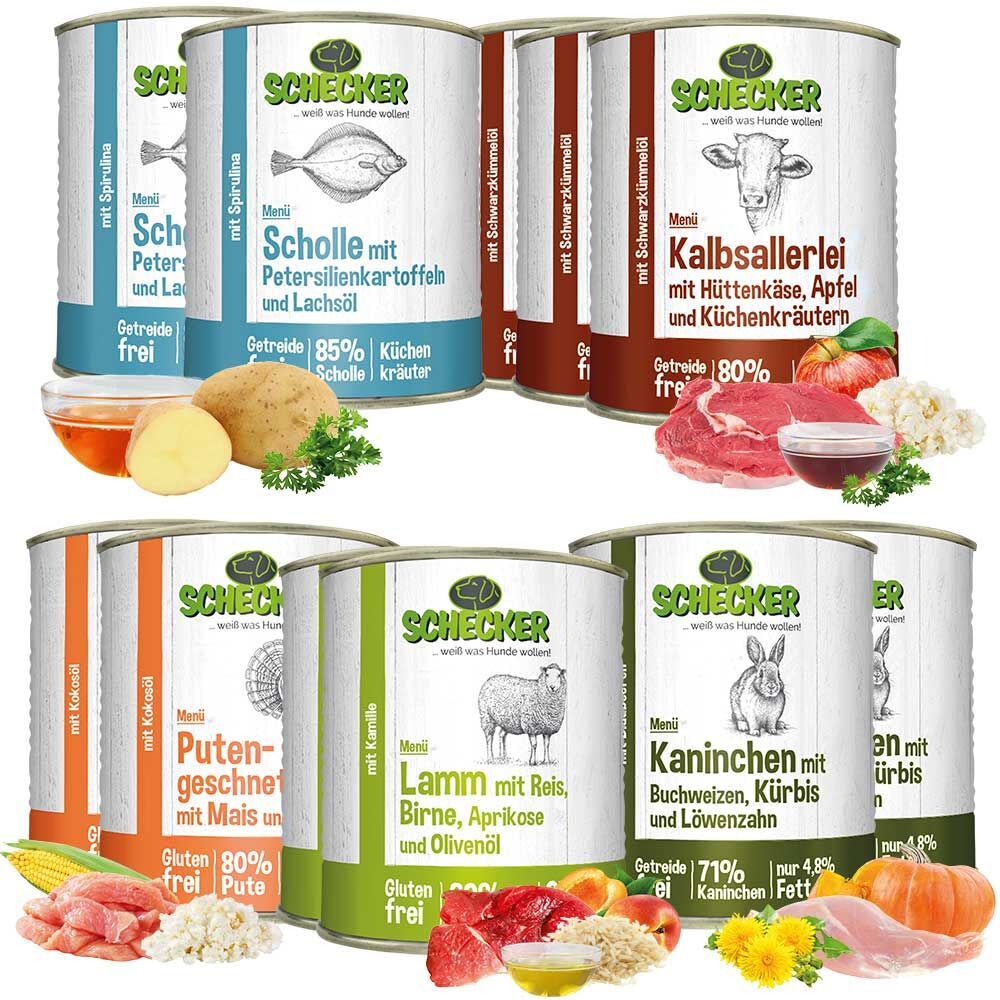 Mehrere Dosen Hundefutter. Verschiedene Sorten: Kalb, Kaninchen, Lamm, Pute und Fisch. Auf jeder Dose ist das Logo und die Sorte abgebildet.