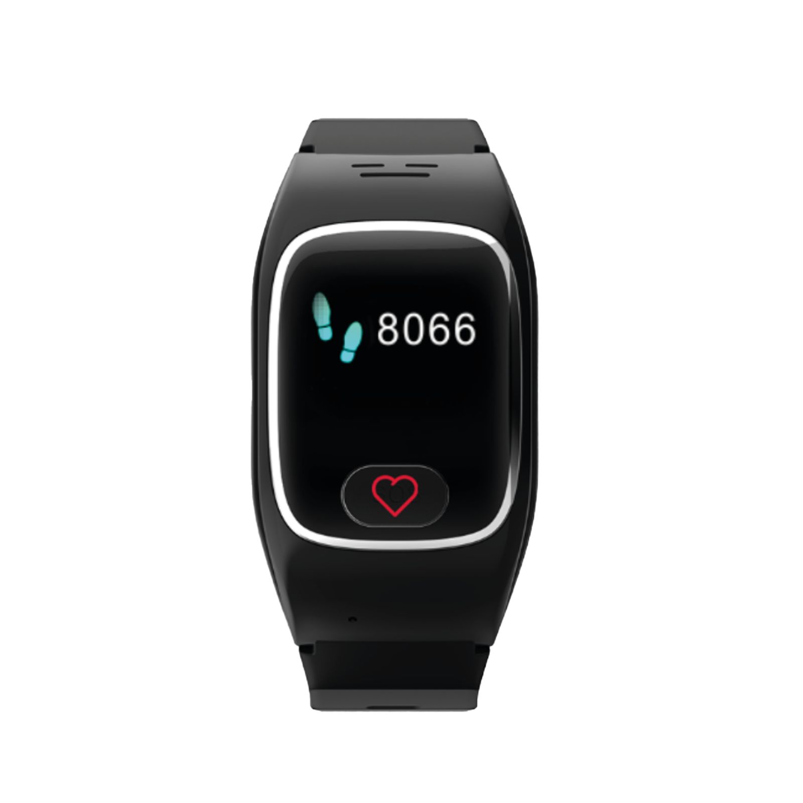Schwarze Smartwatch mit Schrittzähler-Symbol und der Zahl 8066 auf dem Display. Herzsymbol. Schwarzes Armband.