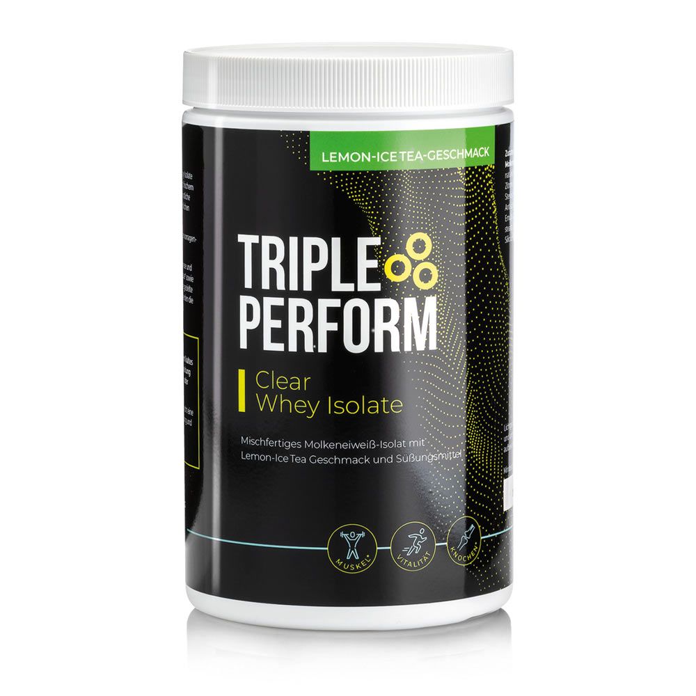 Schwarze Dose mit weißem Deckel. Aufschrift: Triple Perform Clear Whey Isolate. Gelbe Akzente. Text: Lemon Ice Tea Geschmack.