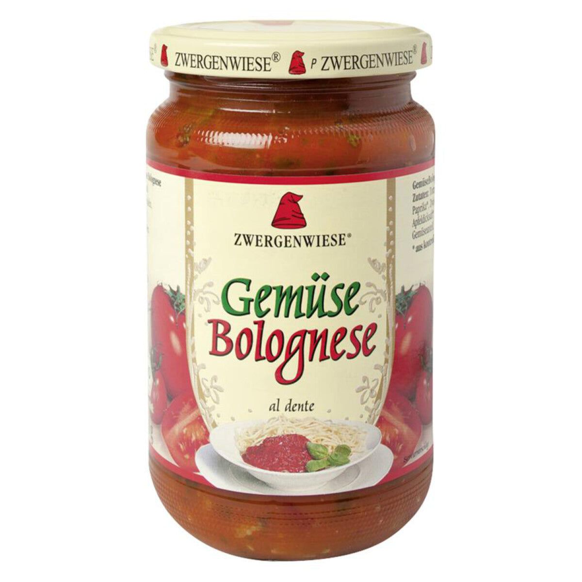 Glas mit Gemüse Bolognese. Aufschrift: Zwergenwiese, Gemüse Bolognese, al dente. Roter Deckel mit Schriftzug.