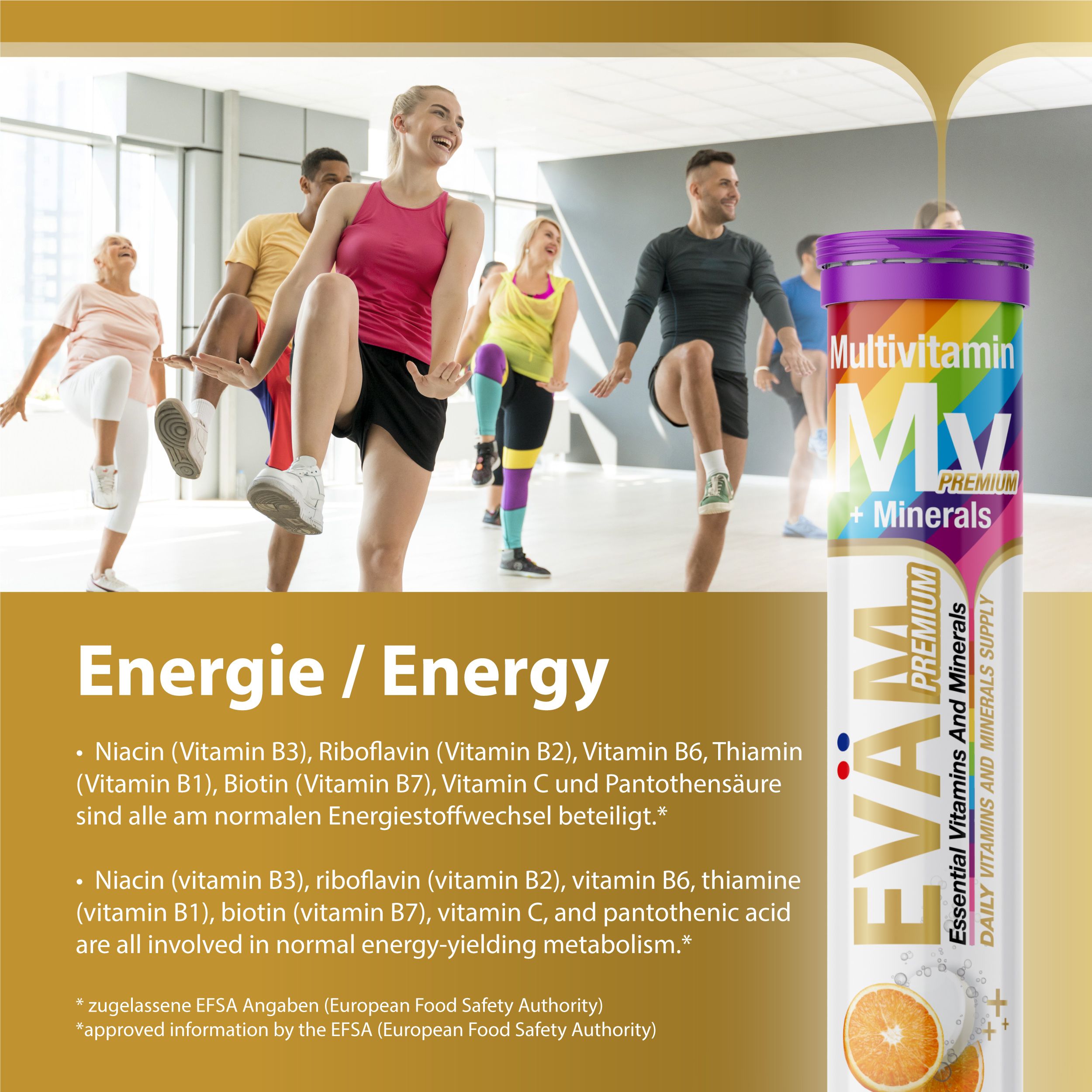 Tube EVÄM 10 Vitaminen + 5 Mineralien. Aufschrift: Multivitamin + Mineralien, EVÄM Premium, 20 Brausetabletten, Orangen-Geschmack. Energie-Informationen mit Vitaminen.