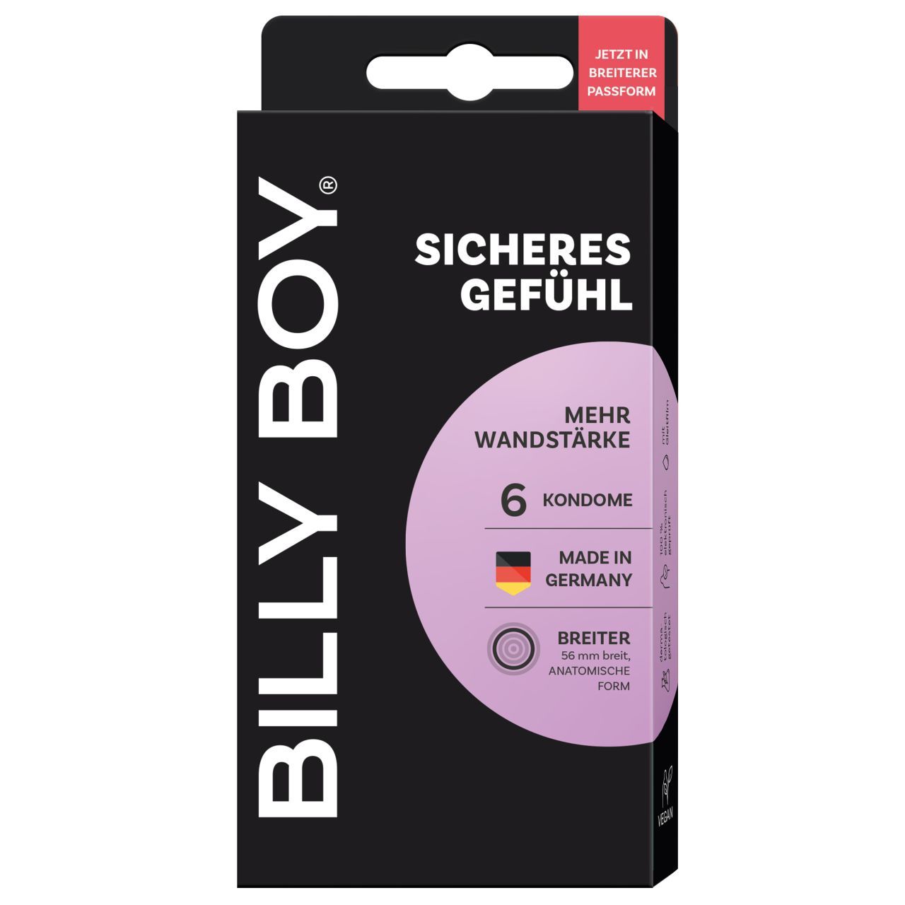 Rückseite einer Packung mit 6 Kondomen, mit Informationen zu Material, Form und Herkunft.