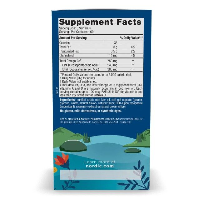 Verpackung von Nordic Naturals Arktisches Lebertranöl. Blaue Verpackung mit Text und Nährwertangaben. Enthält 60 Softgels.