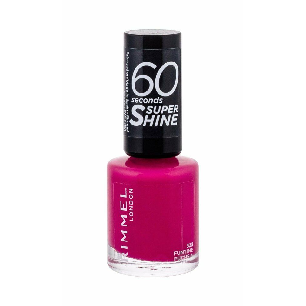 Nagellackflasche mit pinkfarbenem Lack. Schwarzer Deckel mit weißer Schrift: 60 seconds SUPER SHINE. Marke Rimmel London. Farbnummer 323.