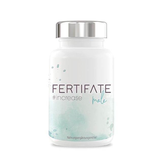 Weiße Flasche mit silbernem Deckel. Aufschrift: FERTIFATE #increase male. Text: Nahrungsergänzungsmittel. Hintergrund: weiß.