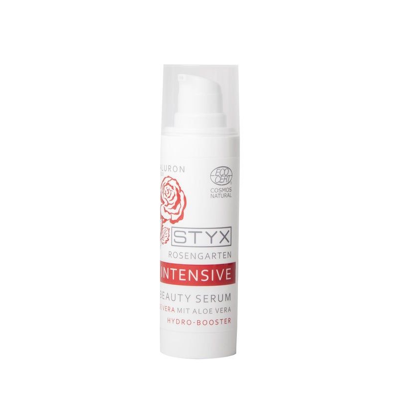 Weißes Serum mit Pumpe und transparentem Deckel. Roter Schriftzug: STYX Rosengarten INTENSIVE Beauty Serum. COSMOS NATURAL Zertifizierung.