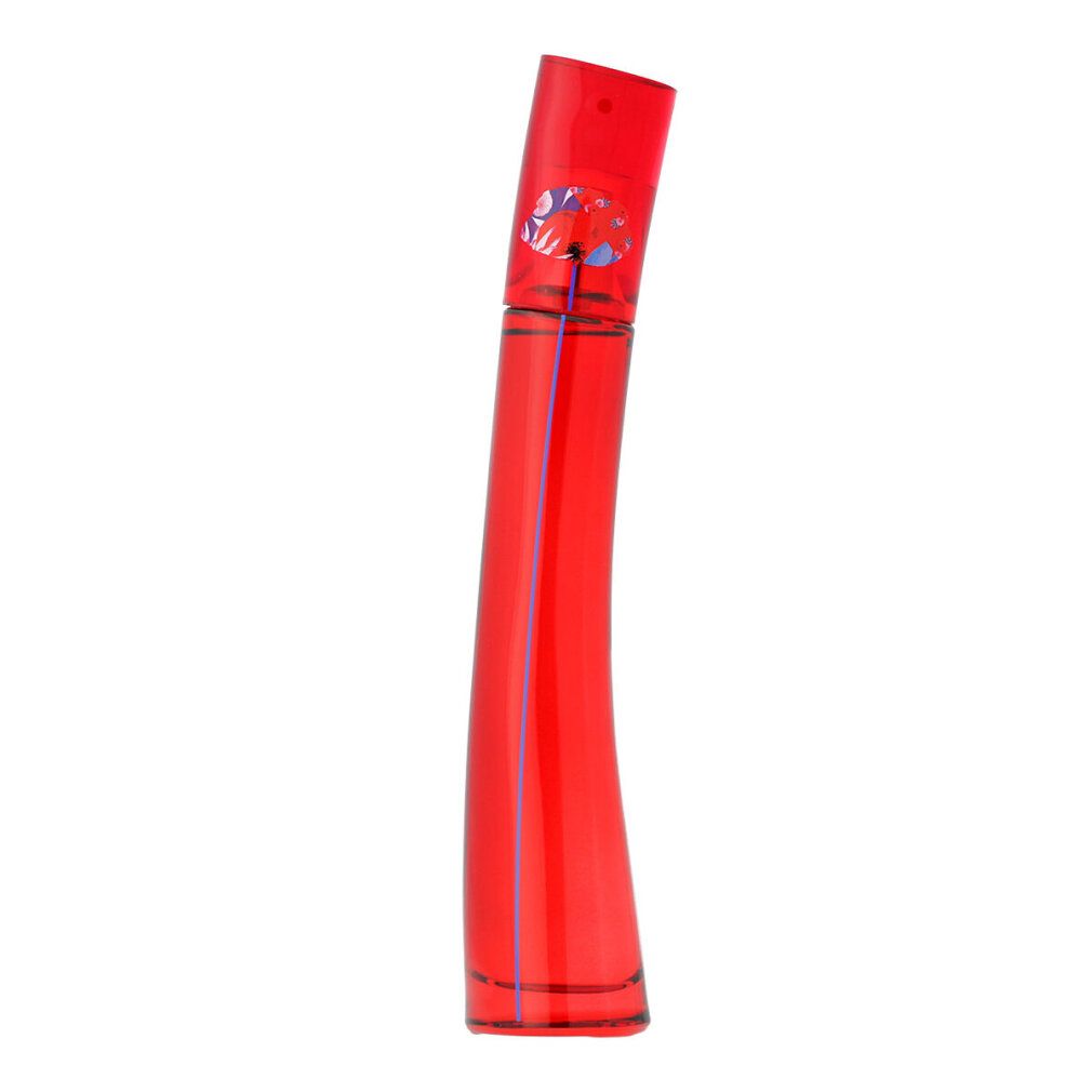Flacone rosso con decoro floreale. Forma slanciata. Nome prodotto: Flower by Kenzo Eau de Parfum. Flacone con linea blu.