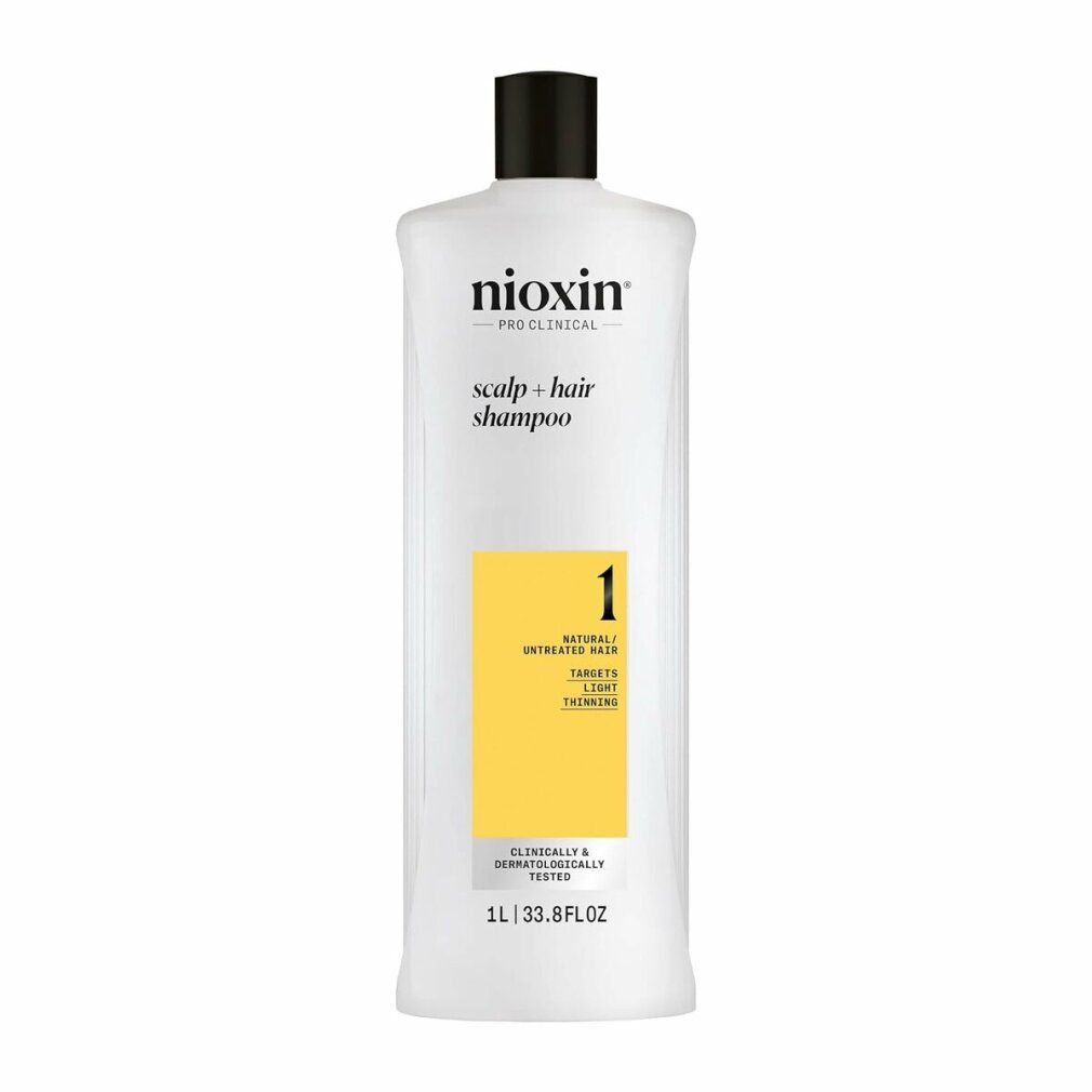 Weißes Shampoo mit schwarzem Deckel. Gelbes Etikett mit Text. Aufschrift: Nioxin, Scalp & Hair Shampoo, 1. 1L/33.8FL.OZ.