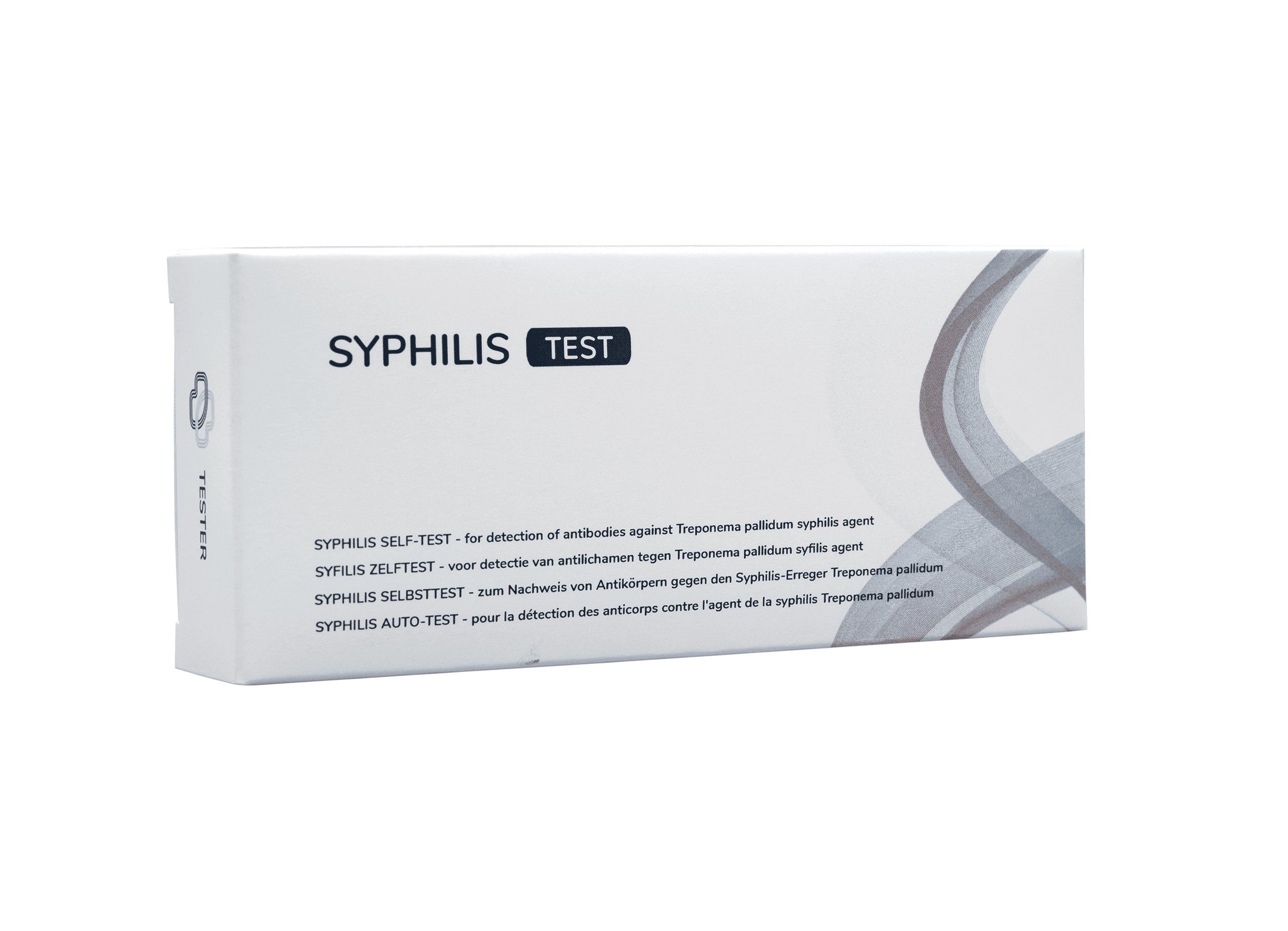 Verpackung eines Syphilis-Selbsttests mit Produktinformationen in mehreren Sprachen.