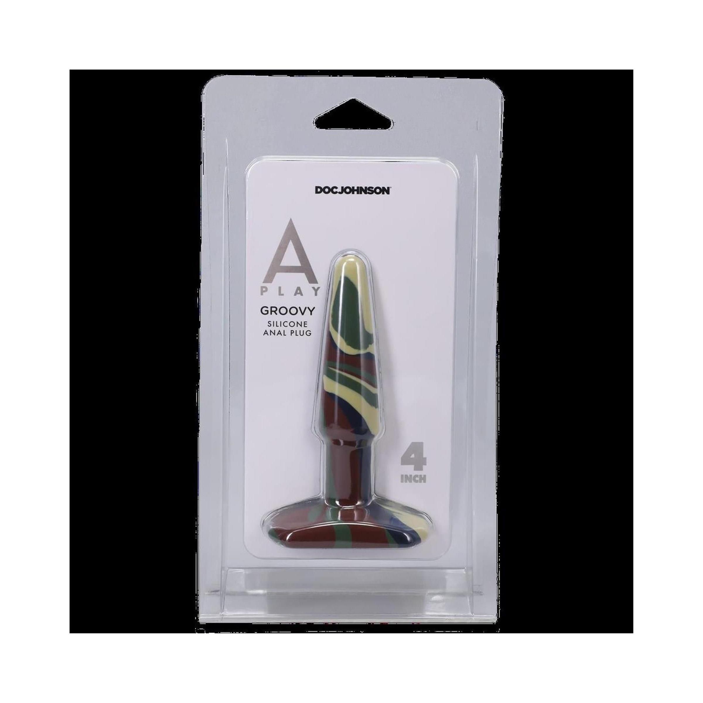 Analplug aus Silikon. Mehrfarbiges Design. In Blisterverpackung. Marke Doc Johnson. Auf der Verpackung steht "4 inch".